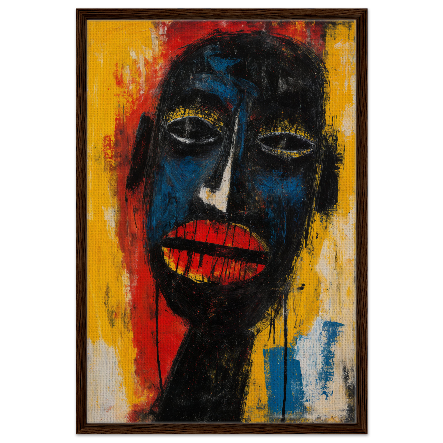 Expressionist portrait with vibrant colors in Chaos Black Whisper framed canvas print
