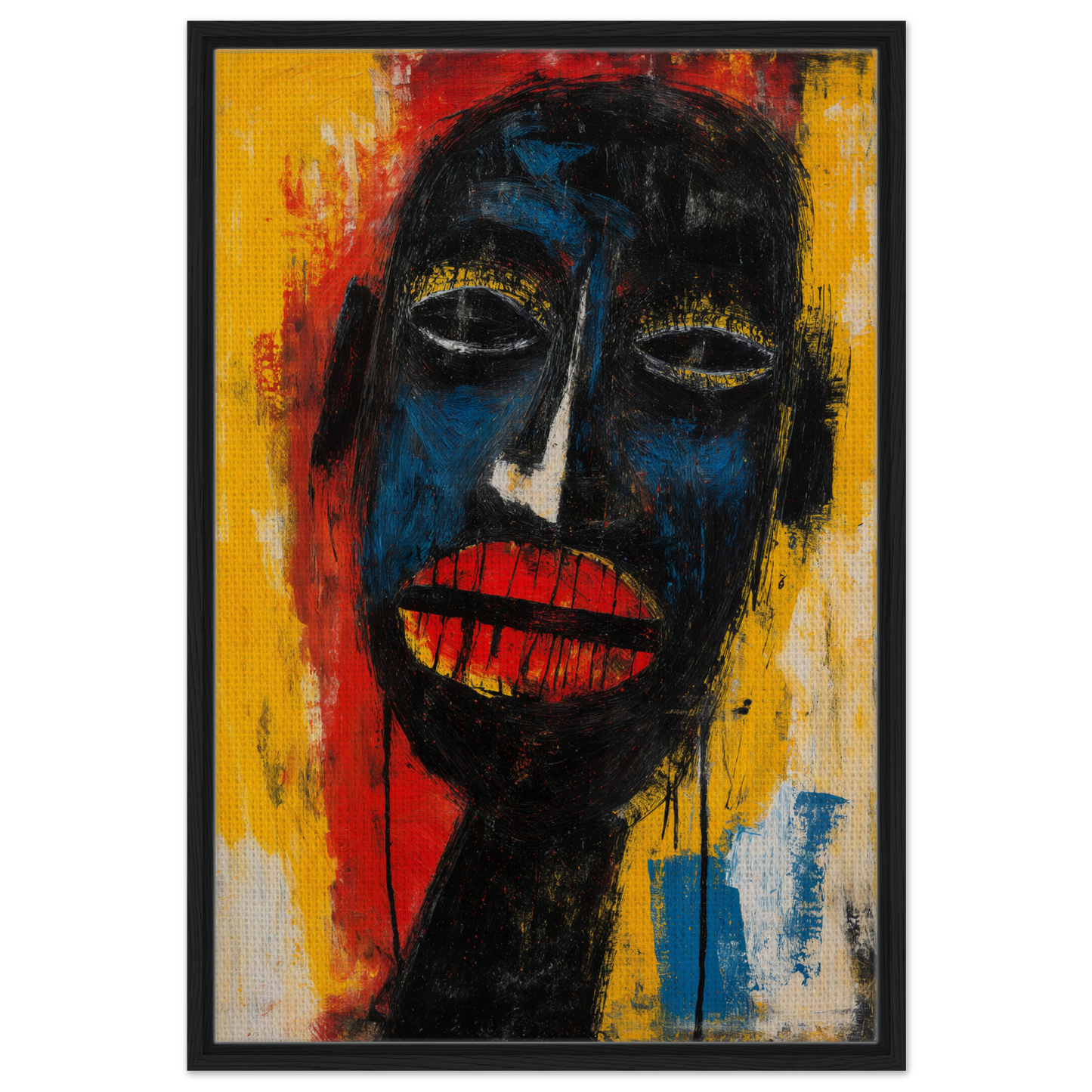 Vibrant expressionist portrait with dark brown finishes in Chaos Black Whisper framed canvas print