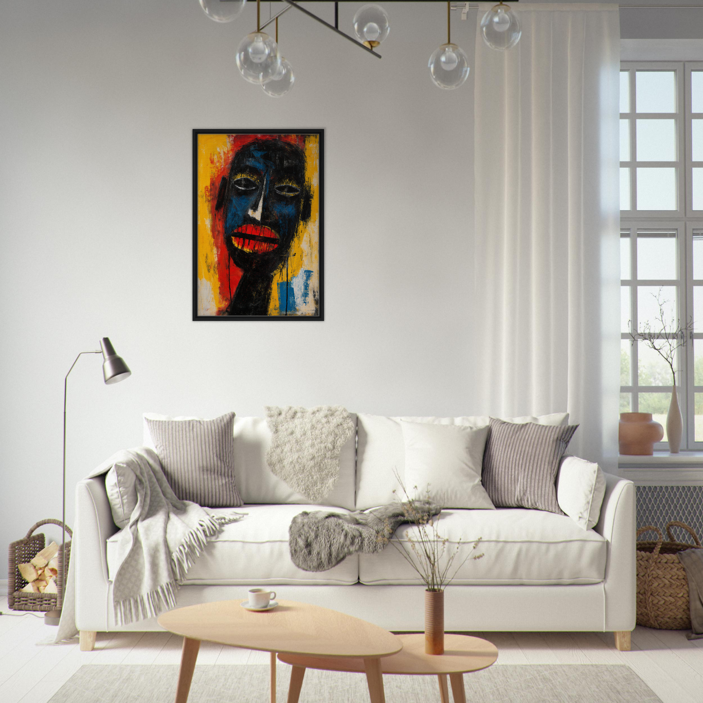 White sofa with throw pillows and blankets, perfect for Chaos Black Whisper room decor