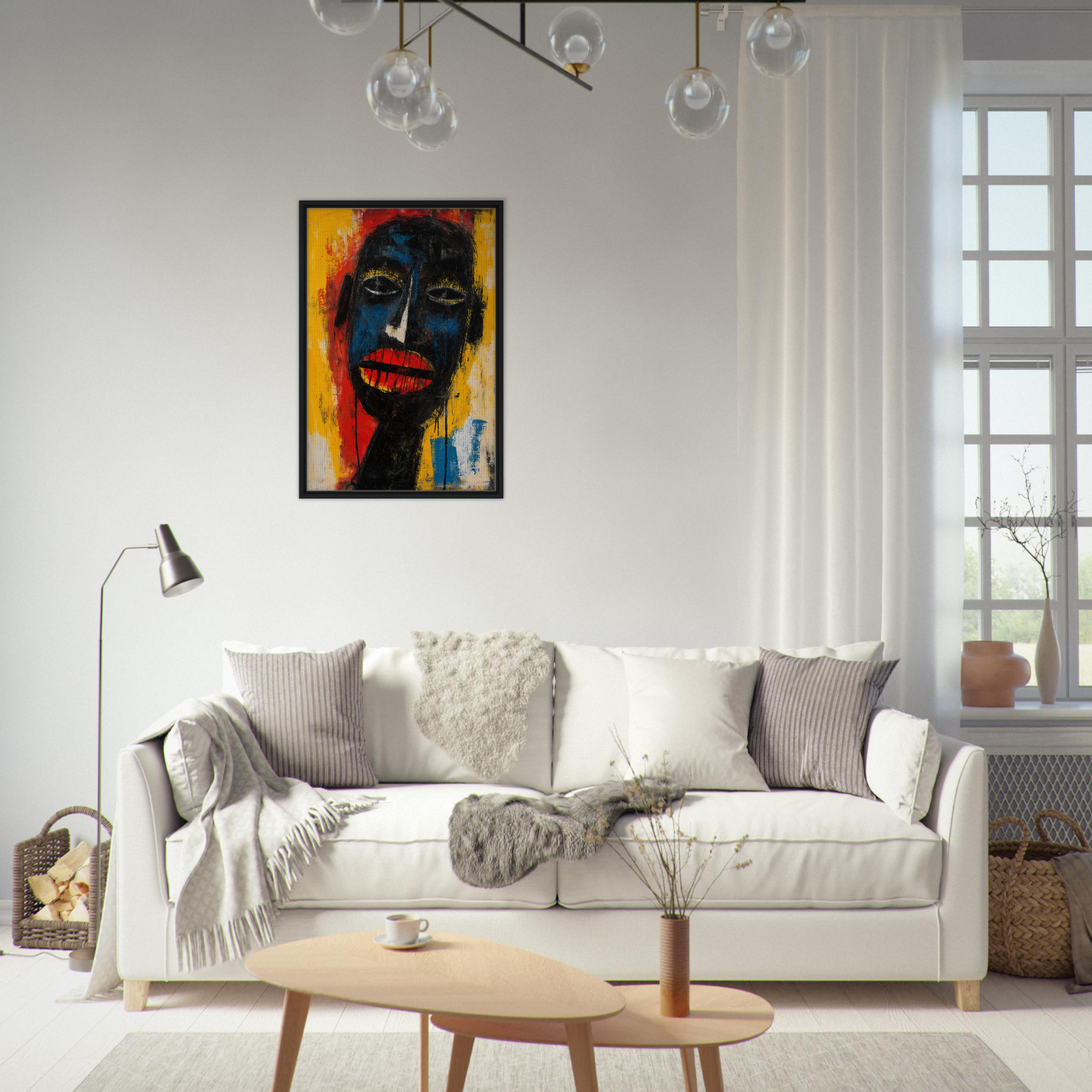 White sofa with throw pillows and blankets, perfect for Chaos Black Whisper room decor