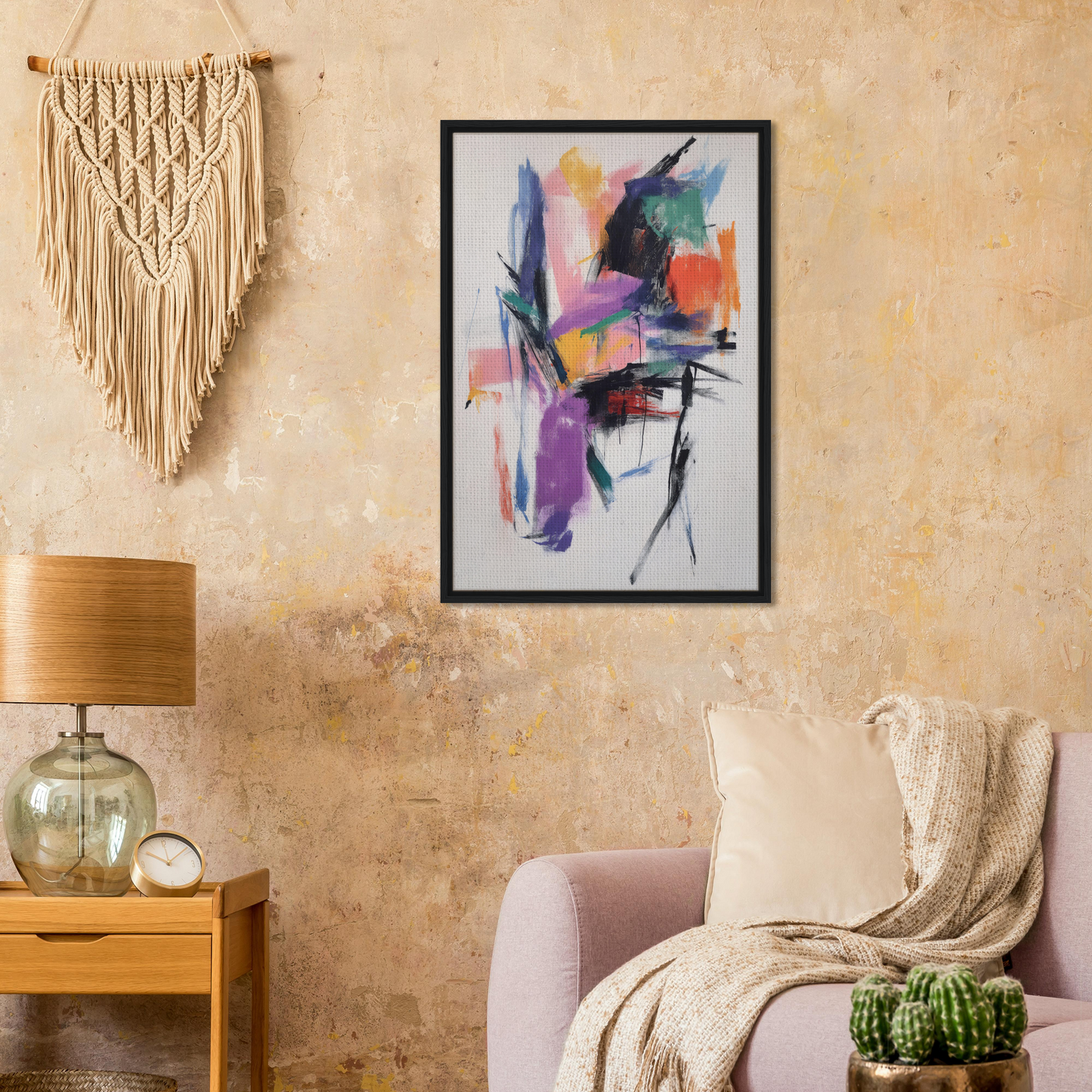 Colorful abstract painting named Chaos Color Waltz in a black frame for stylish room decor