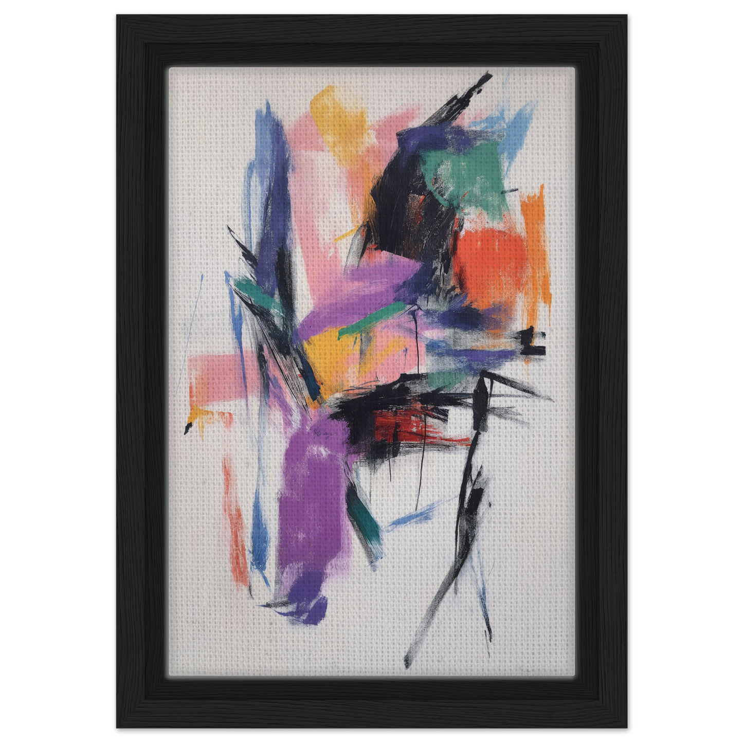 Abstract painting titled Chaos Color Waltz in a black frame, ideal for room decor