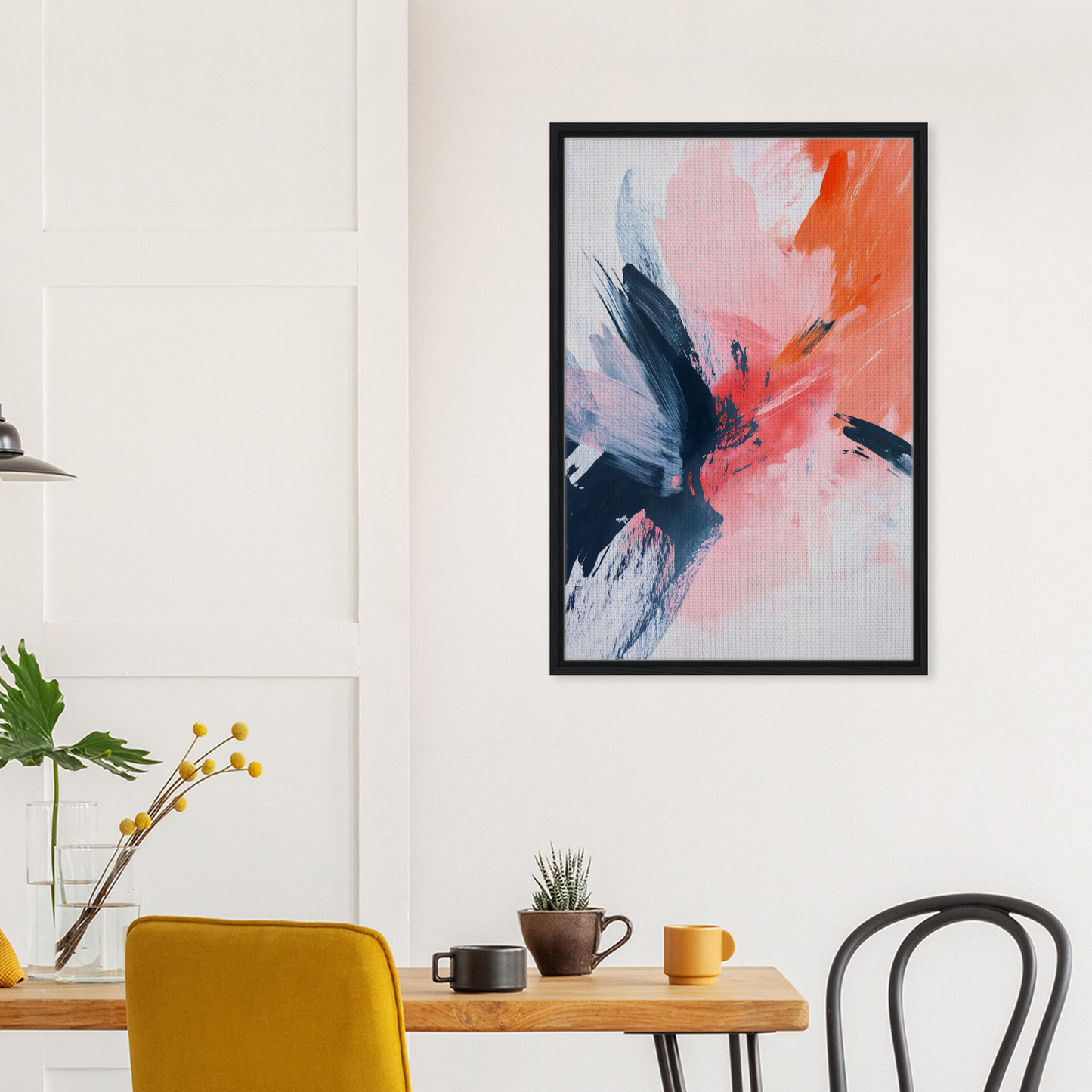 Abstract painting titled Chaos Coralled Dance featuring bold black, pink, and orange hues