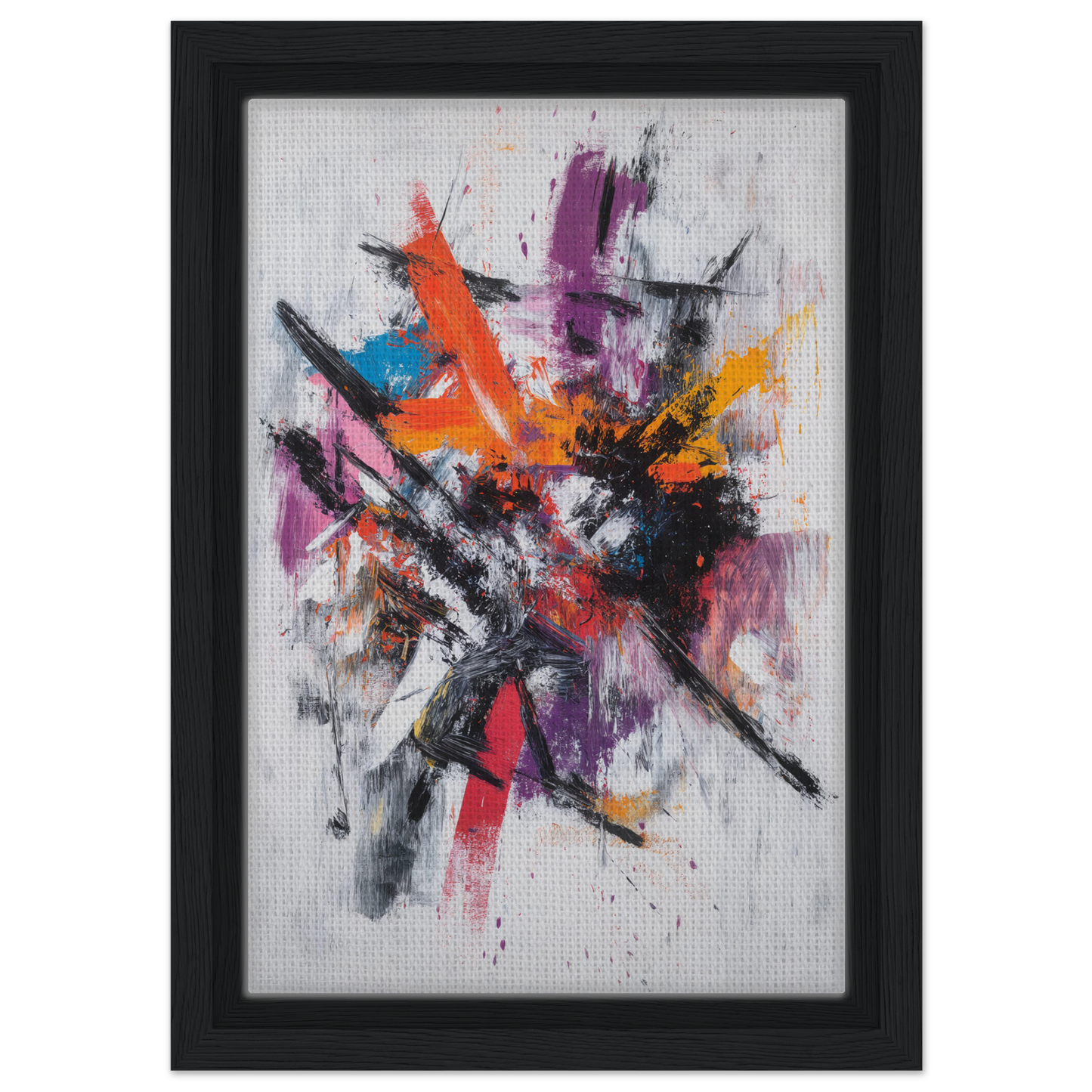 Abstract painting titled Chaotic Color Symphony featuring vibrant splashes and dynamic brushstrokes