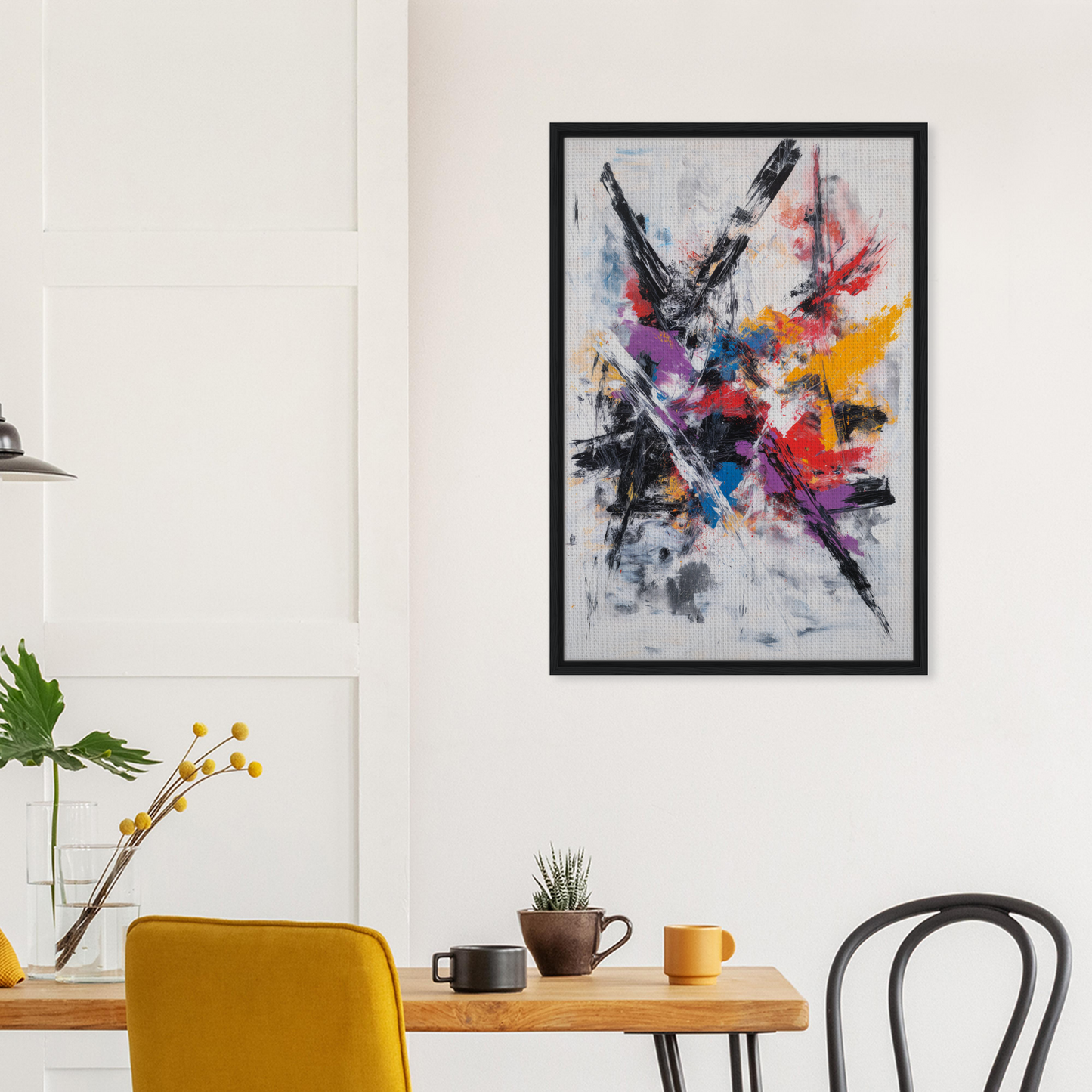 Vibrant abstract painting in a black frame, ideal for a Chaotic Color Symphony décor