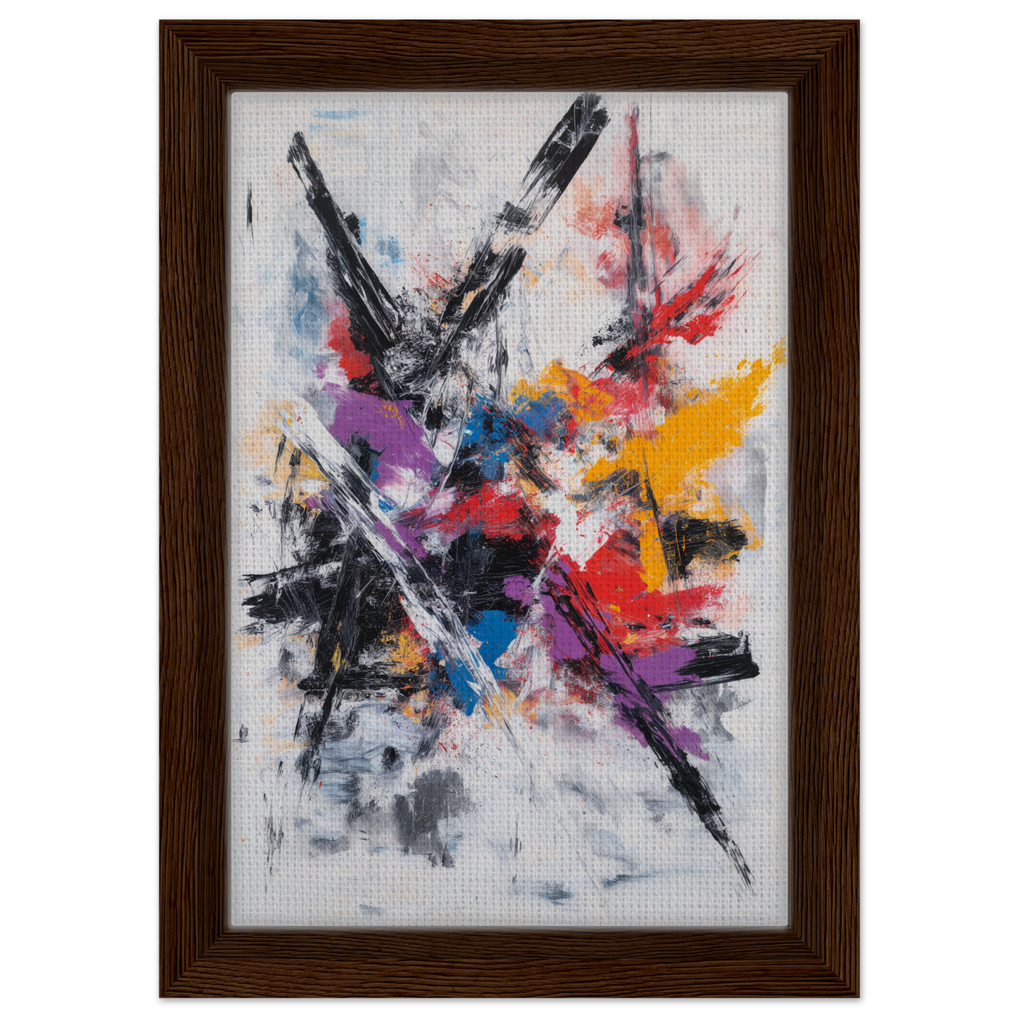 Abstract painting in a wooden frame, featured in Chaotic Color Symphony for room decor