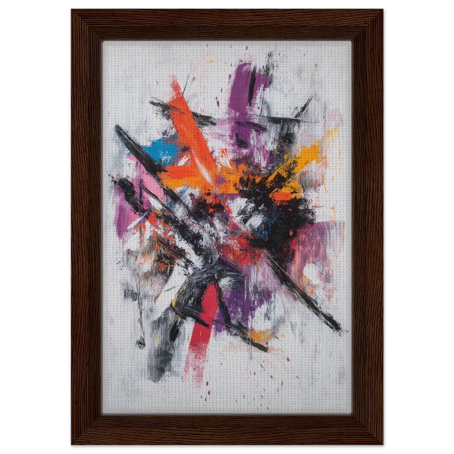 Abstract painting titled Chaotic Color Symphony in a stylish wooden frame