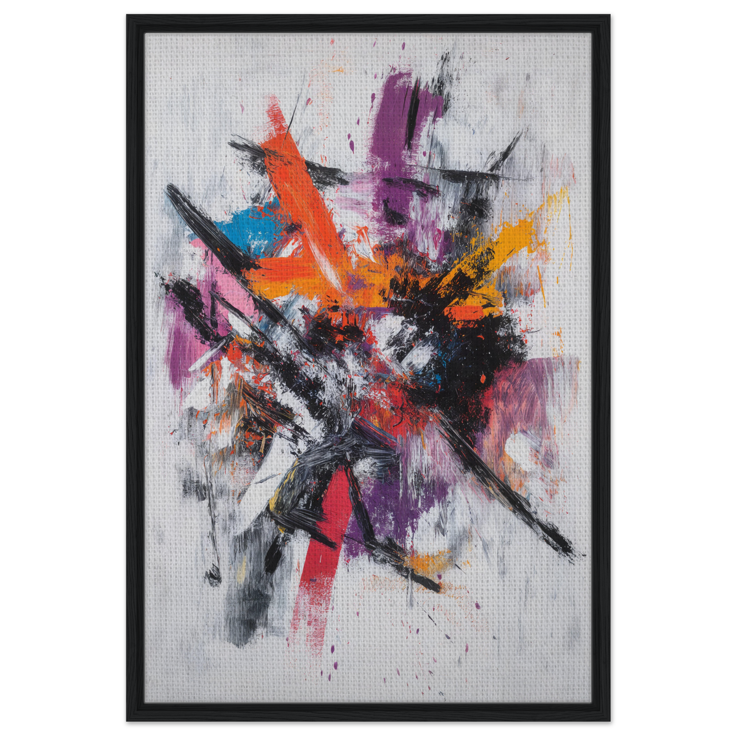 Abstract painting titled Chaotic Color Symphony with vibrant splashes on a light background