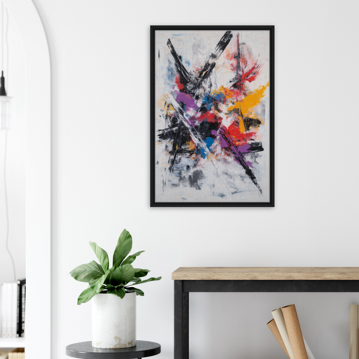 Vibrant abstract painting in a black frame, ideal for a Chaotic Color Symphony decor