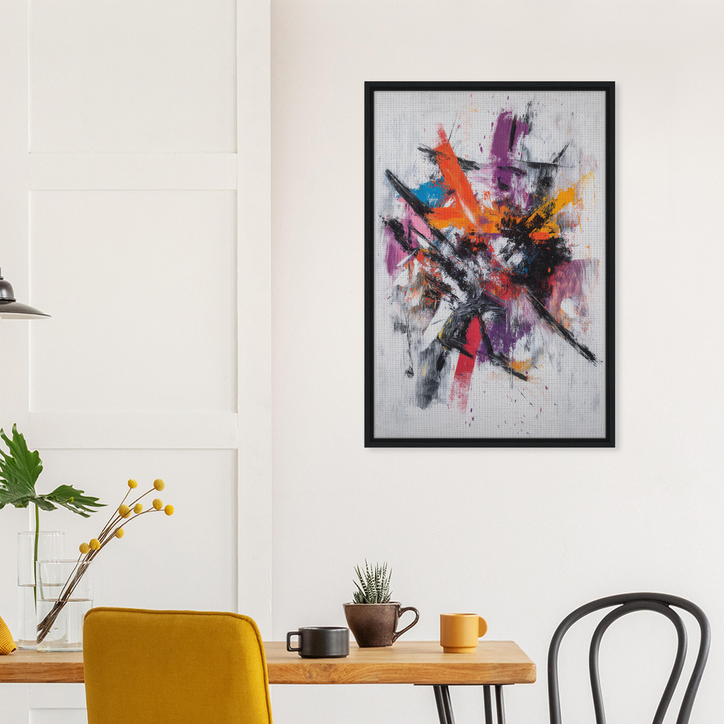 Abstract painting titled Chaotic Color Symphony in a black frame for room decor