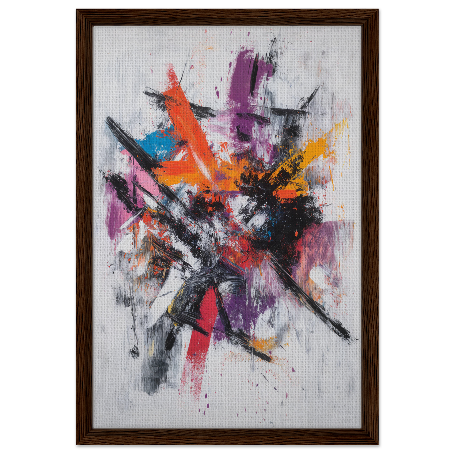 Abstract painting titled Chaotic Color Symphony in a wooden frame, vibrant colors showcased