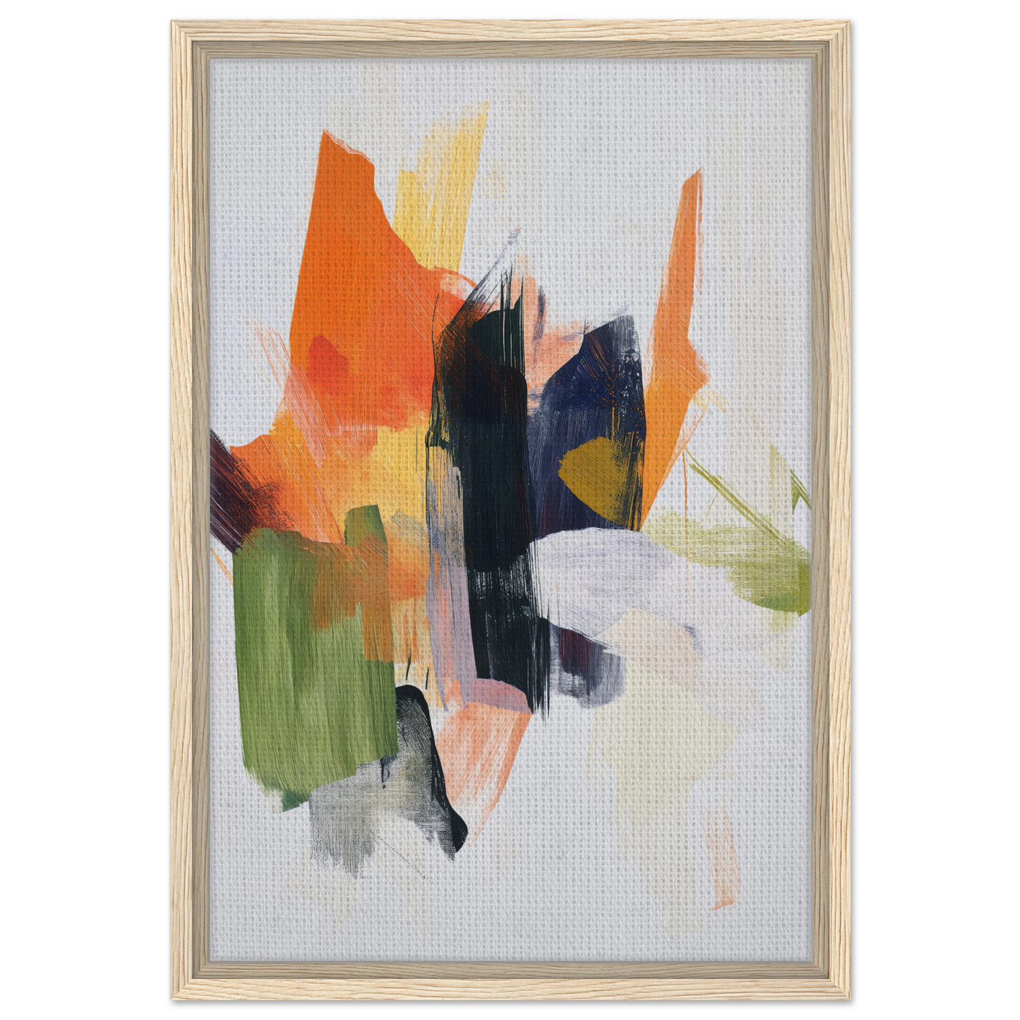 Abstract painting titled Chaotic Color Waltz in bold orange, black, green, and white