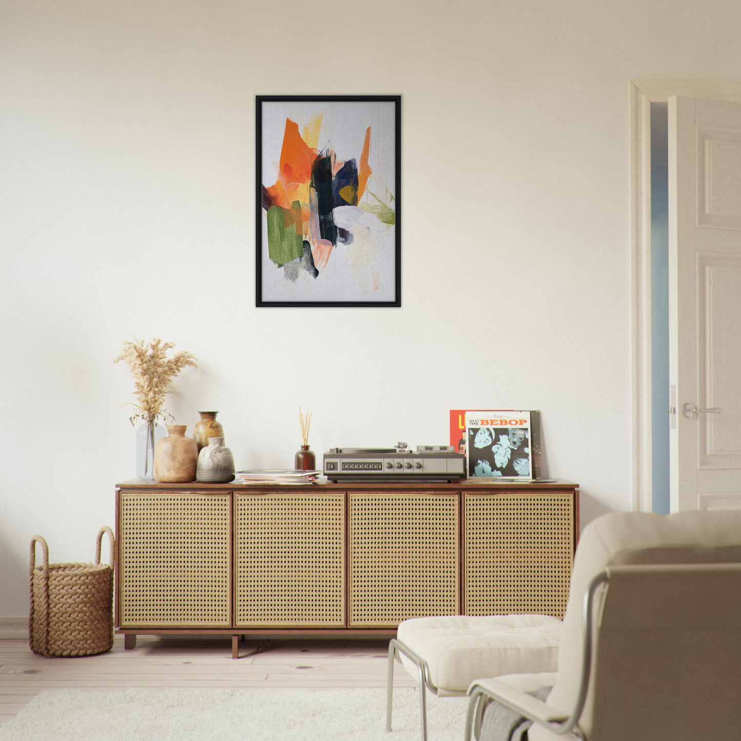 Wooden sideboard with cane-webbed doors and decor, part of Chaotic Color Waltz collection