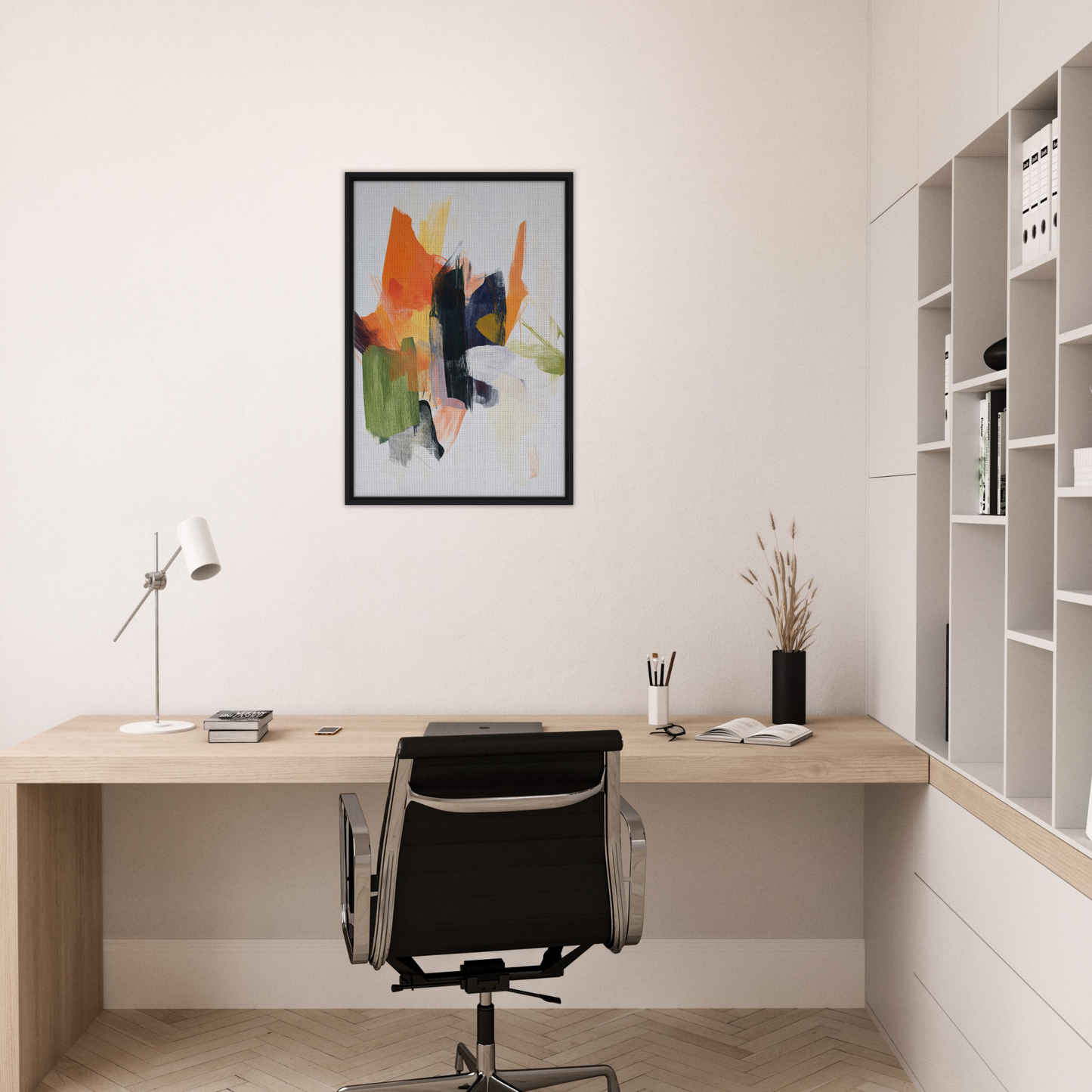Minimalist home office featuring Chaotic Color Waltz framed canvas print and stylish desk