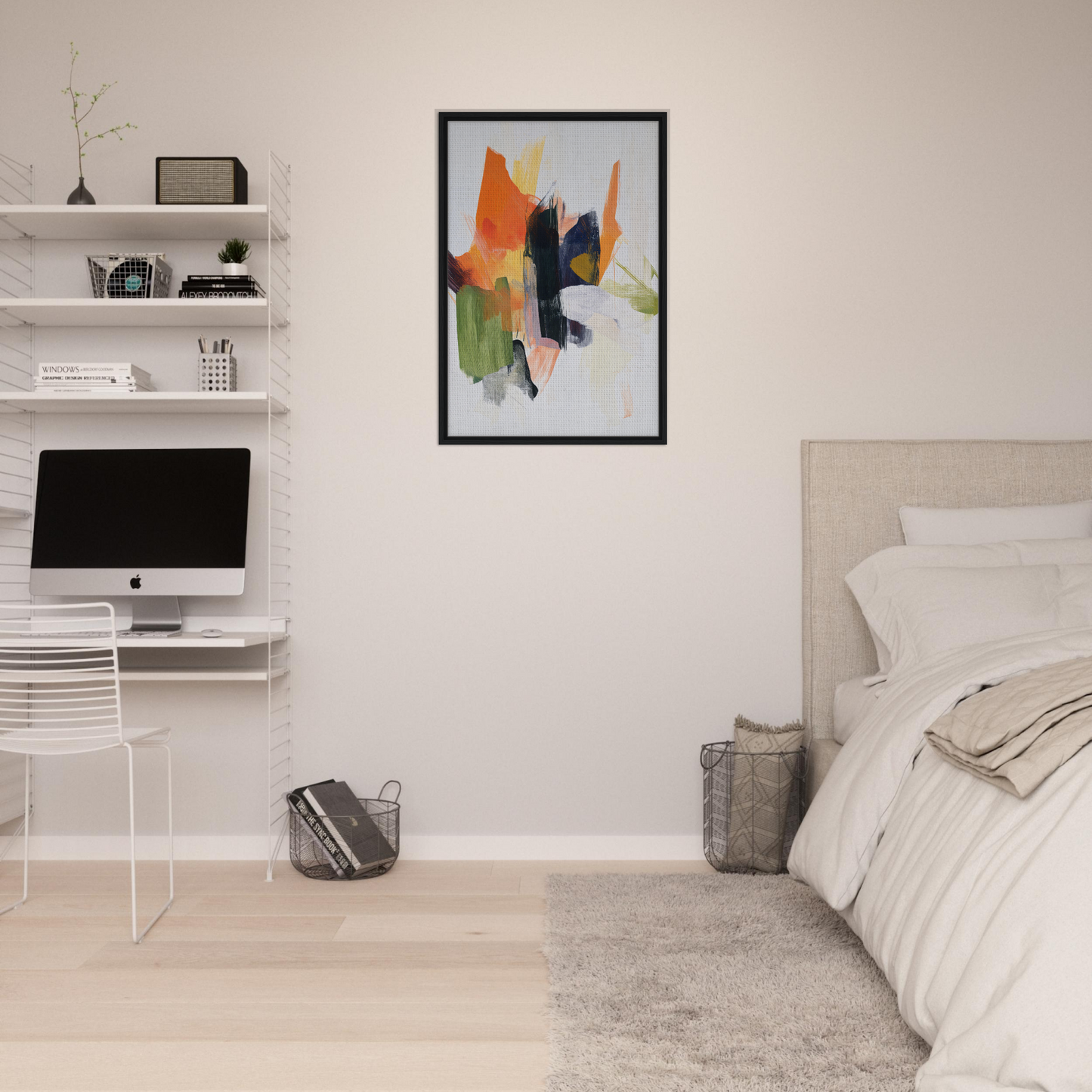 Modern bedroom featuring minimalist decor and Chaotic Color Waltz framed canvas print