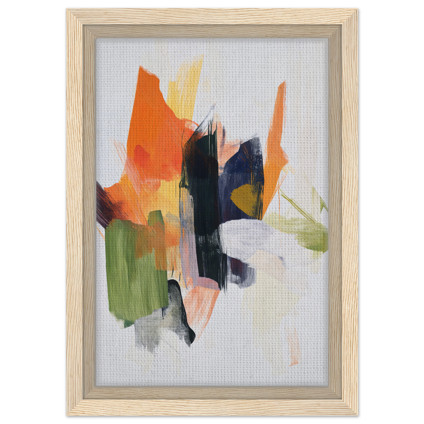Abstract painting Chaotic Color Waltz with vibrant orange, green, black, and white hues