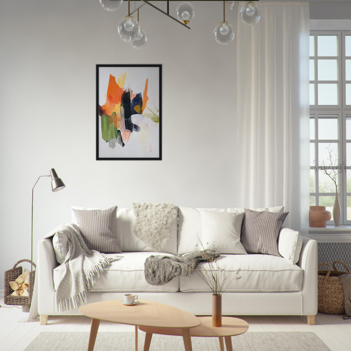 White sofa adorned with throw pillows and blankets from Chaotic Color Waltz collection
