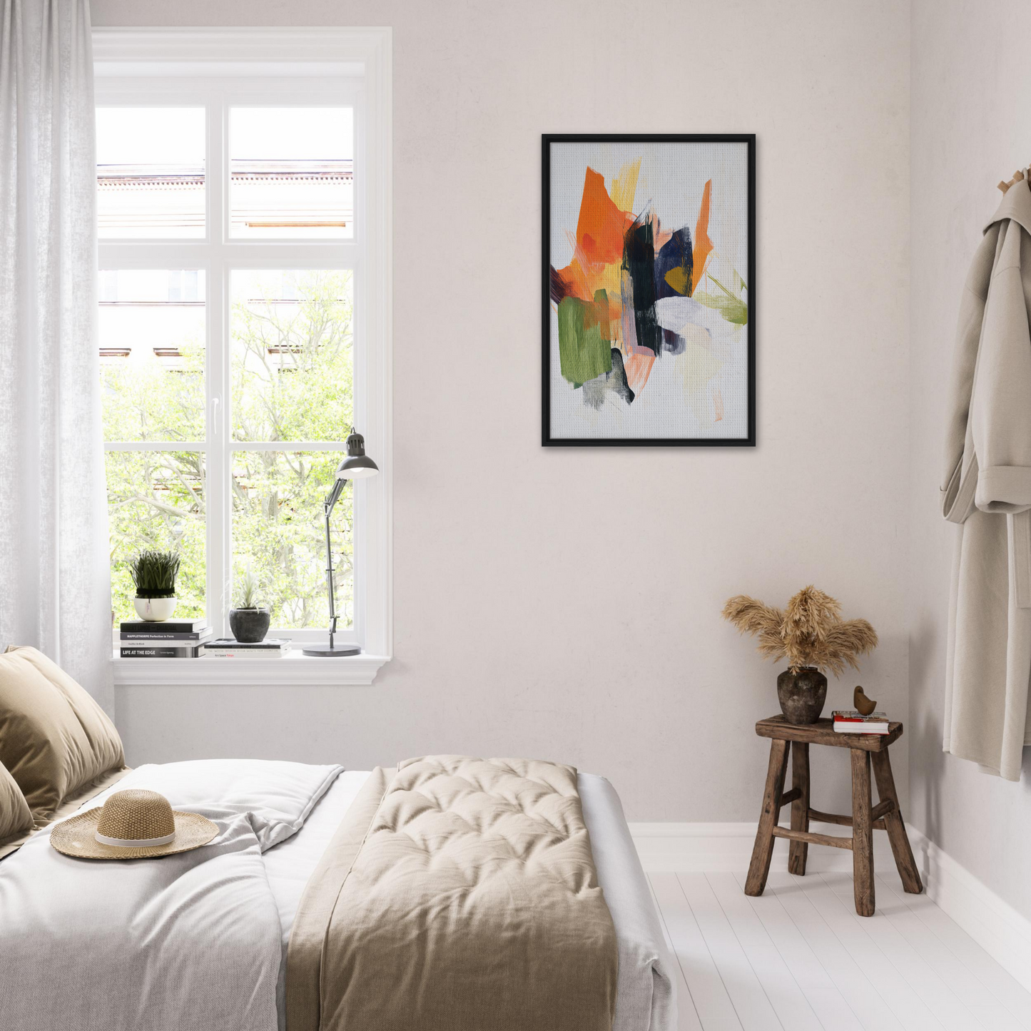 Bright abstract painting in black frame, Chaotic Color Waltz, ideal for room decor