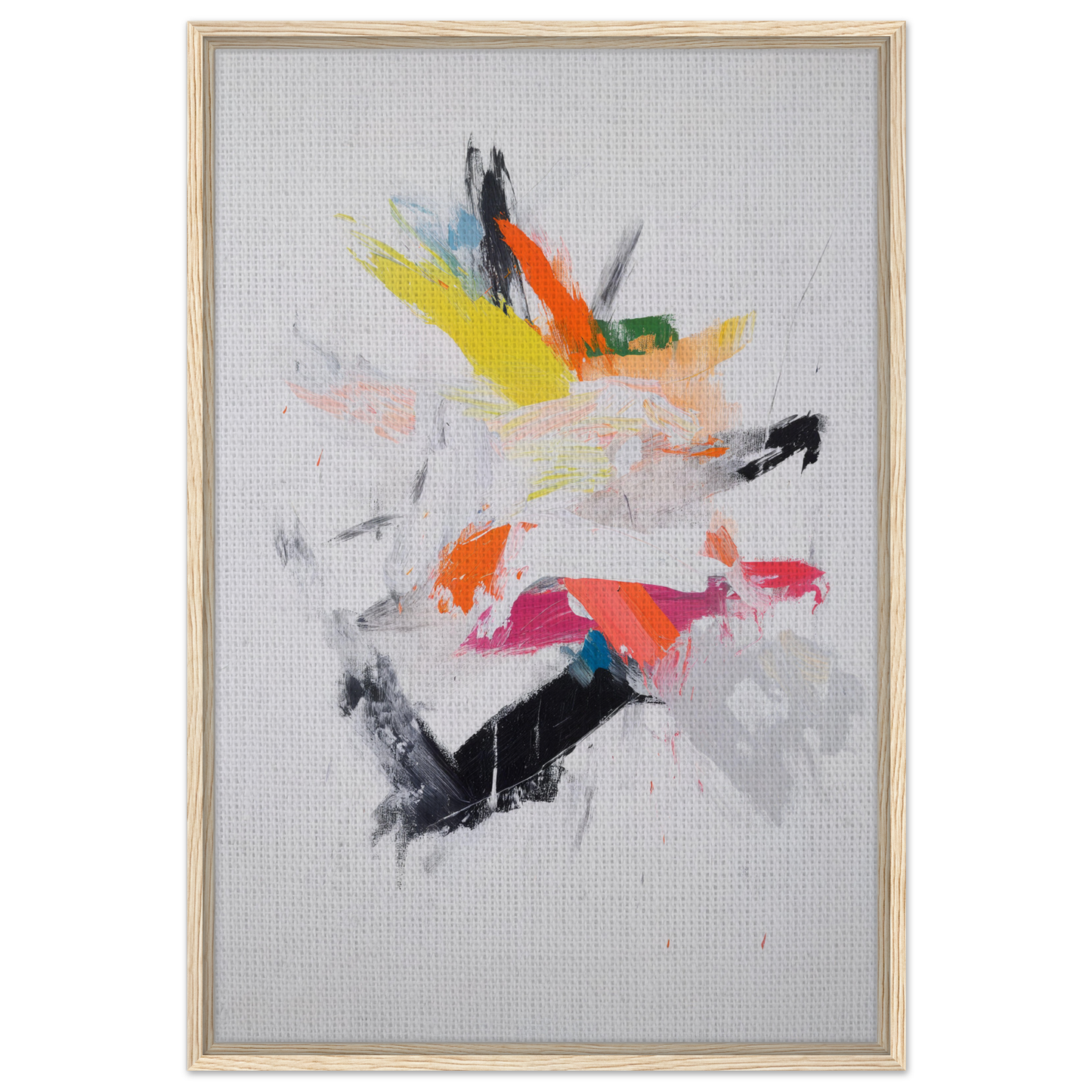 Abstract painting featuring vibrant brushstrokes in a wooden frame, Chaotic Cosmic Tableau