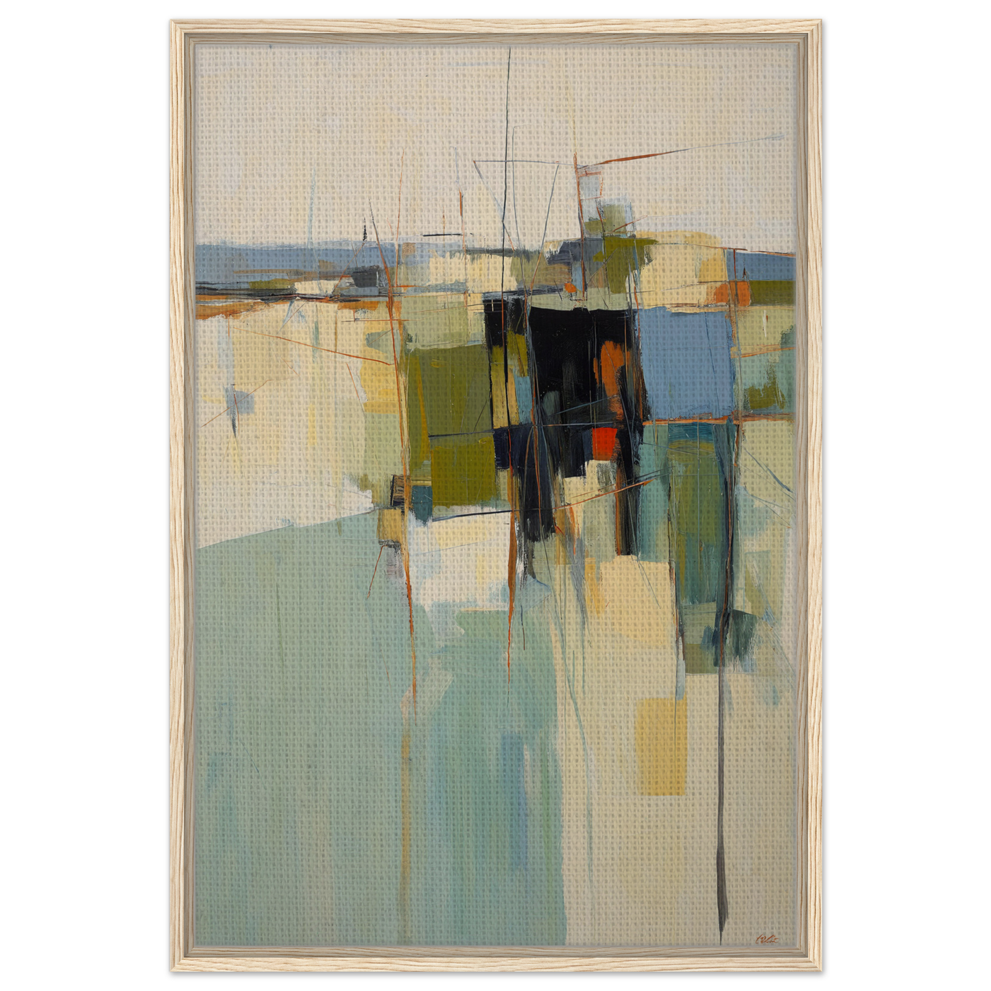 Abstract painting of Chaotic Geometric Harmony showcasing geometric shapes in muted colors