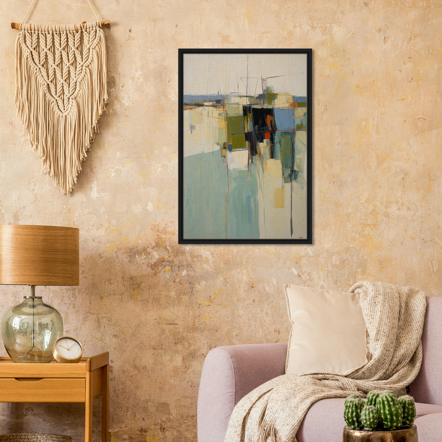 Abstract painting in muted pastels showcasing Chaotic Geometric Harmony framed on a wall