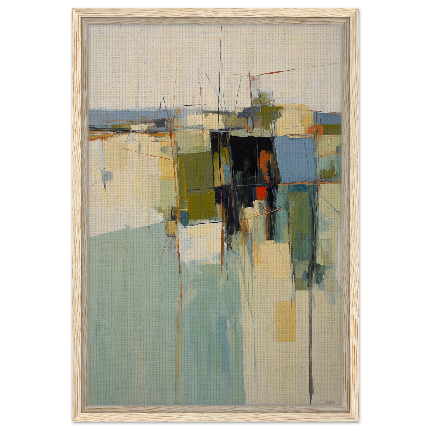 Abstract painting showcasing muted colors and geometric shapes from Chaotic Geometric Harmony
