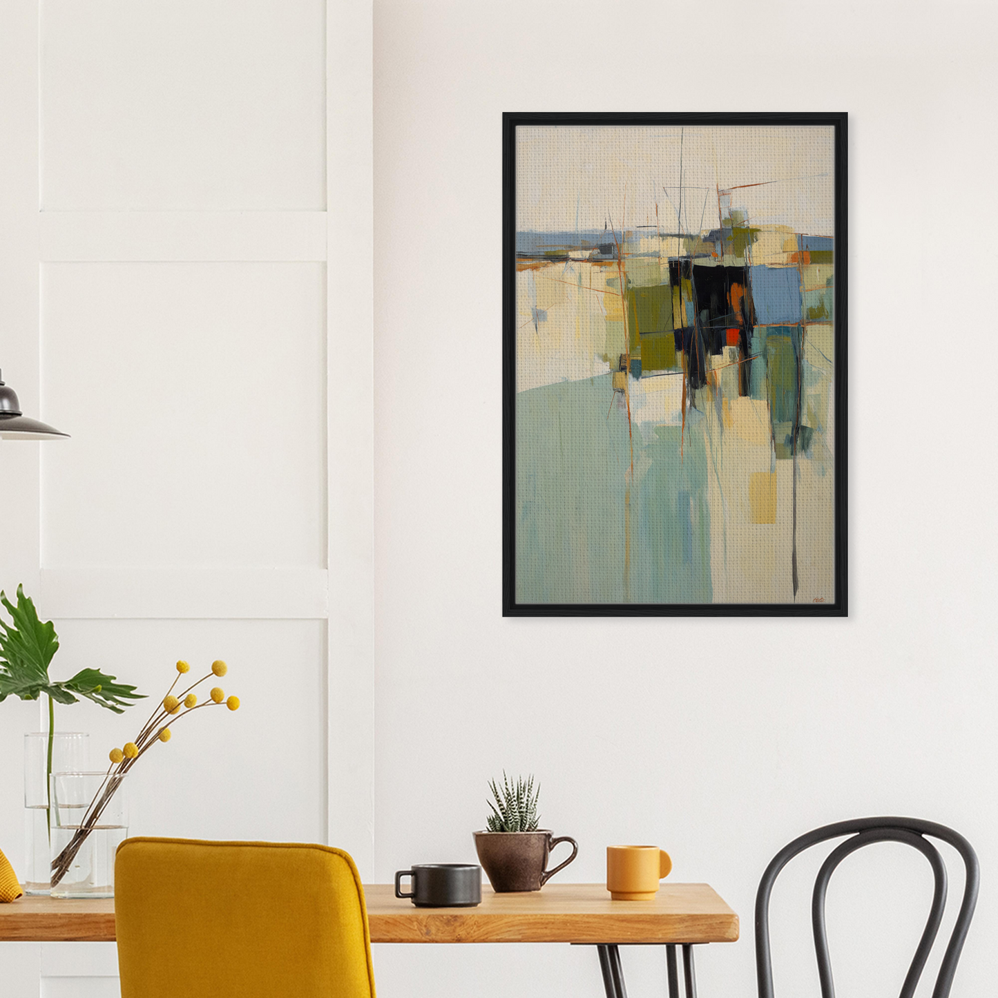 Abstract painting in muted colors representing Chaotic Geometric Harmony for room decor