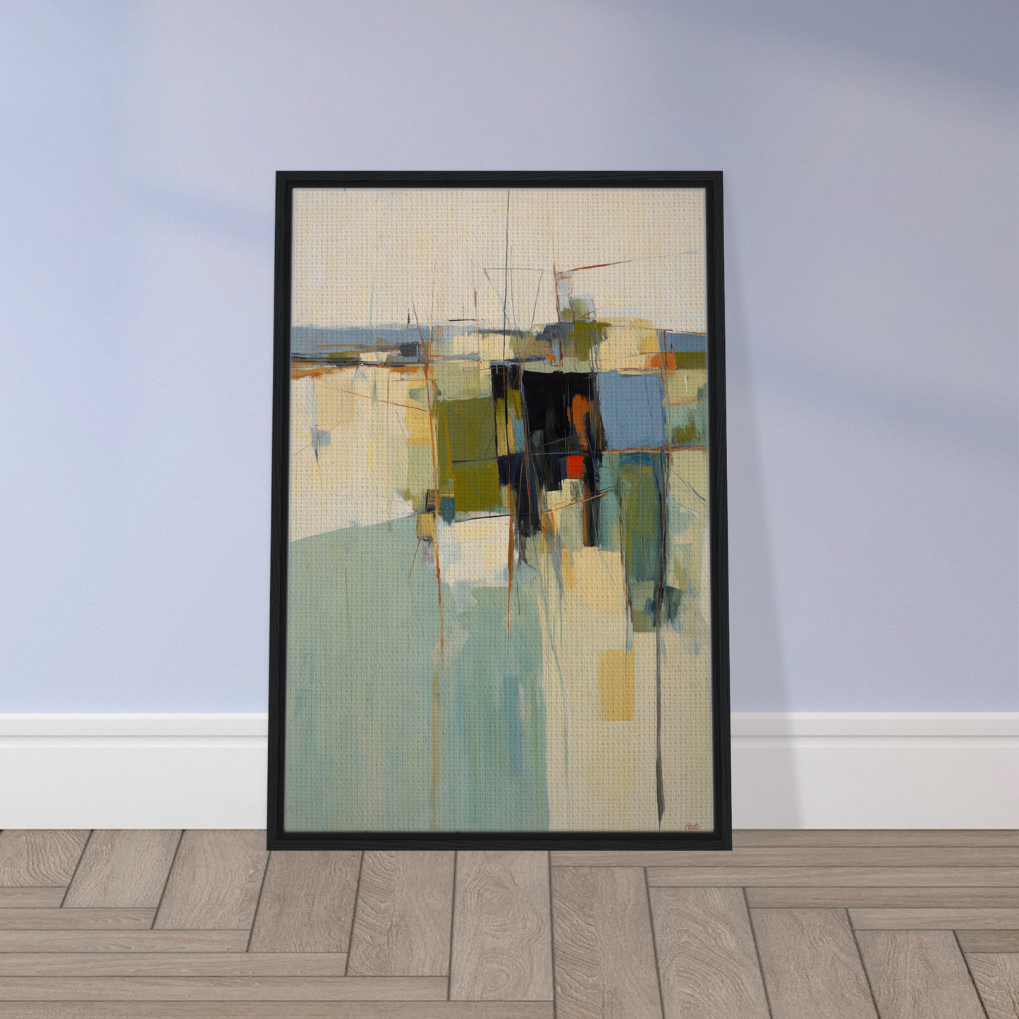 Abstract painting in black frame showcasing Chaotic Geometric Harmony with muted colors