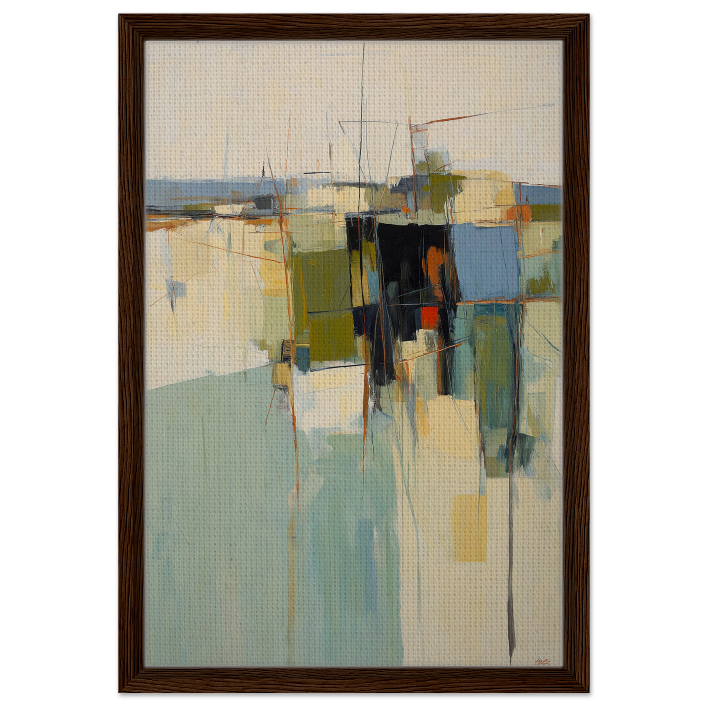 Abstract painting showcasing Chaotic Geometric Harmony in muted colors, framed canvas print