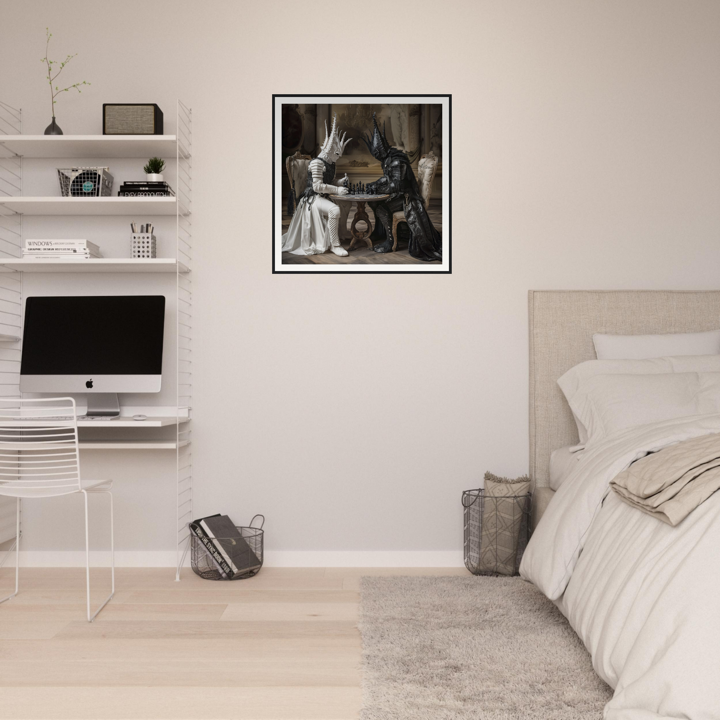 Minimalist bedroom featuring Chessmen Mystics’ Duel with iMac and neutral bedding