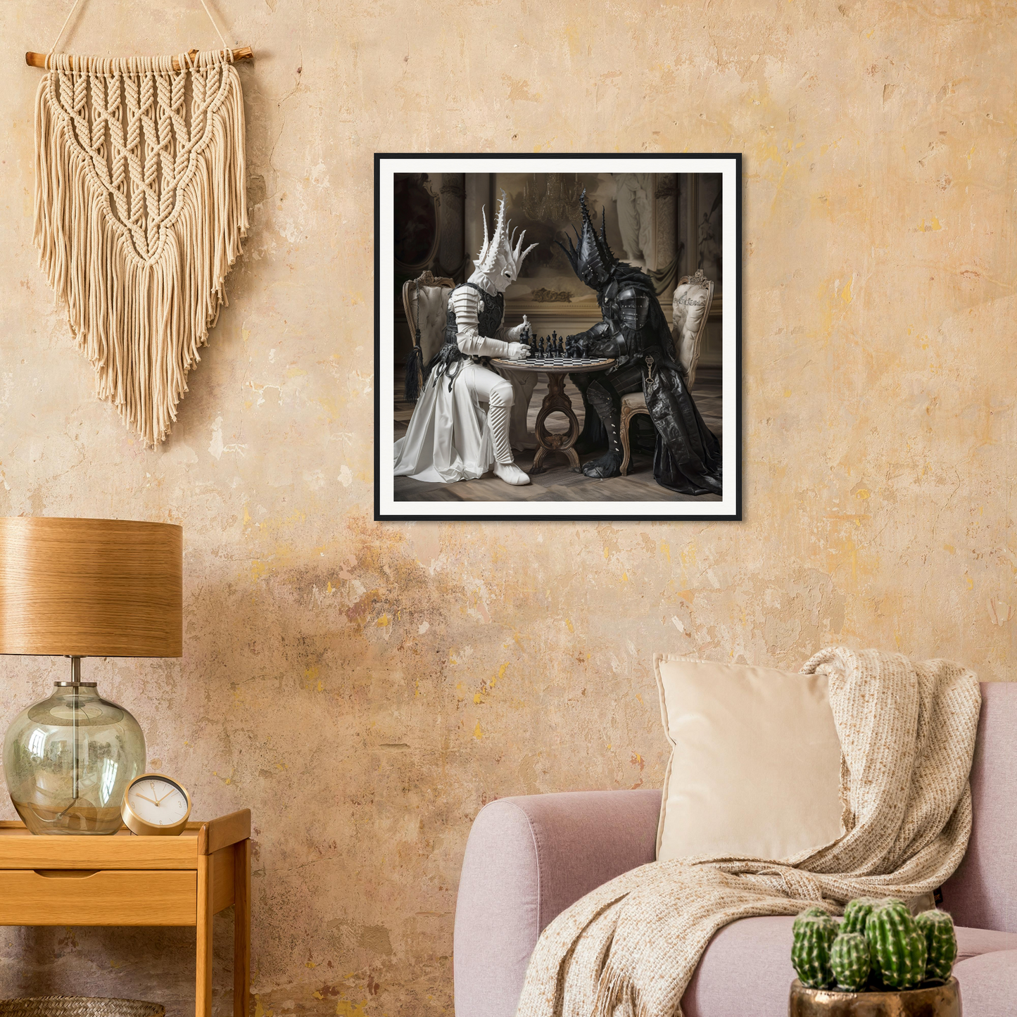 Framed black and white art of Chessmen Mystics’ Duel, featuring medieval figures at a table