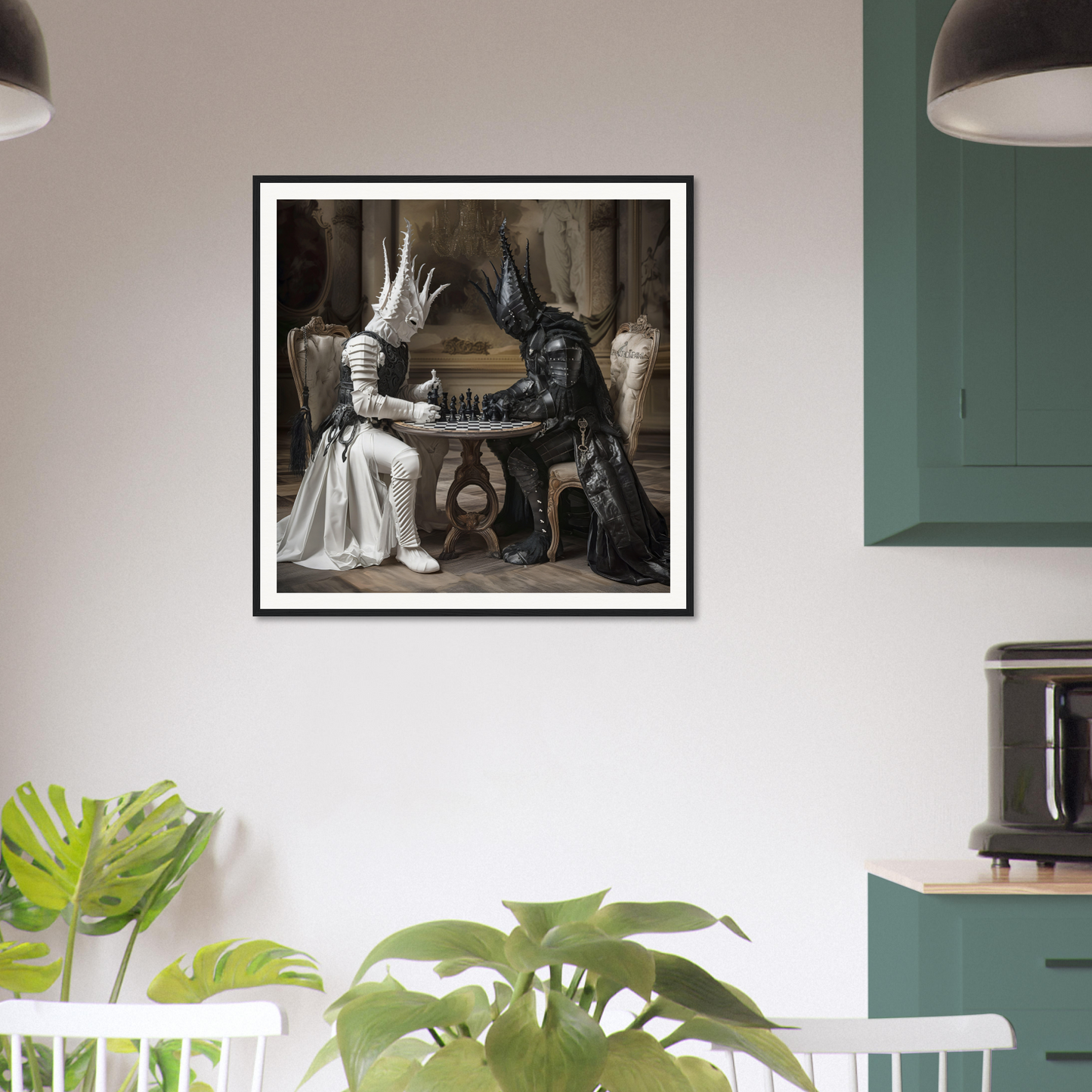 Framed black and white photo of chessmen mystics’ duel with figures in costumes