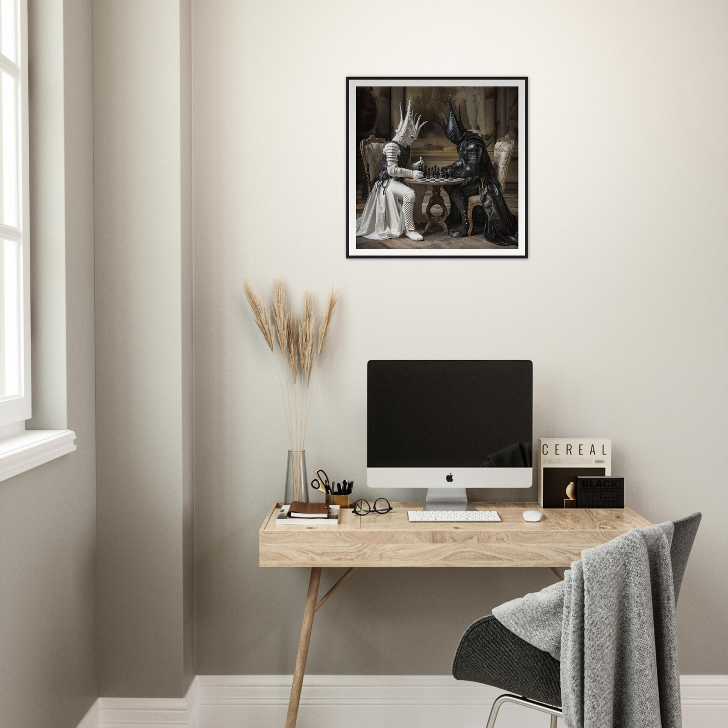 Minimalist wooden desk with iMac and pampas grass near Chessmen Mystics’ Duel art