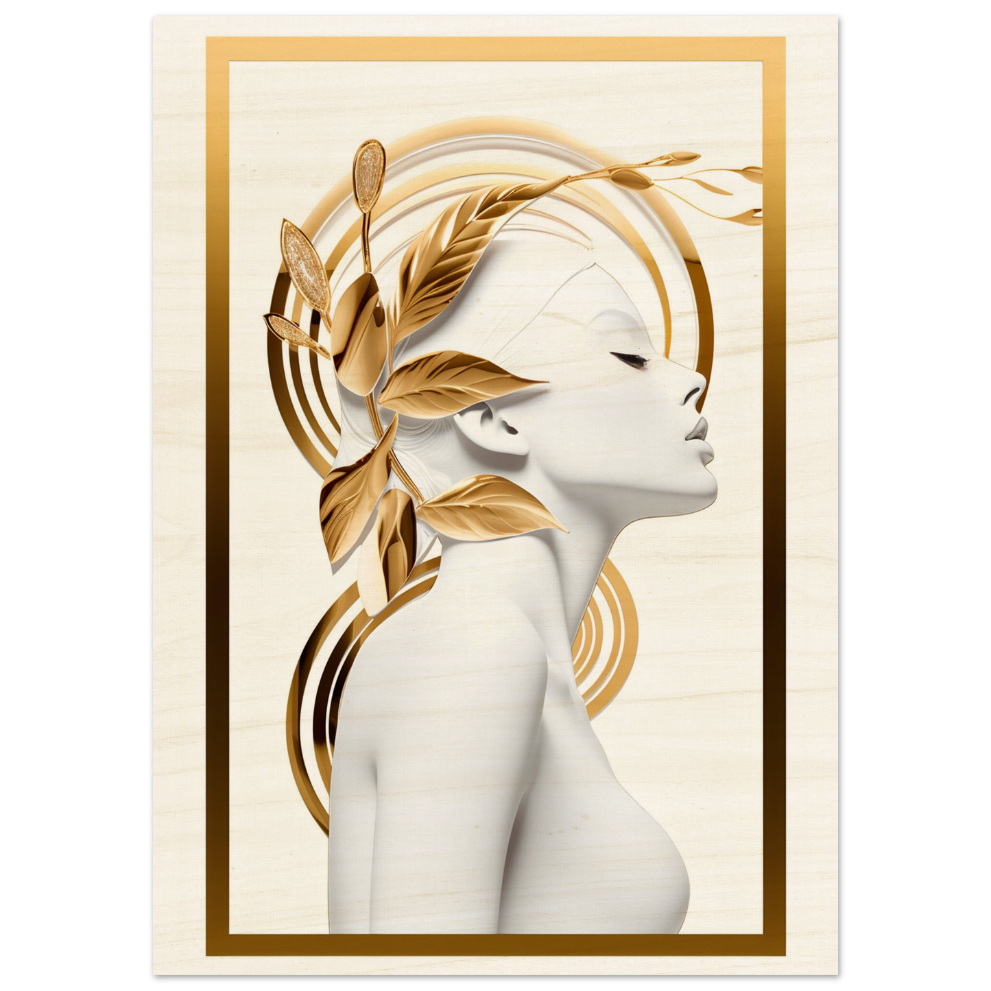 Stylized profile portrait of a woman with golden leaves and wheat adorning her hair.