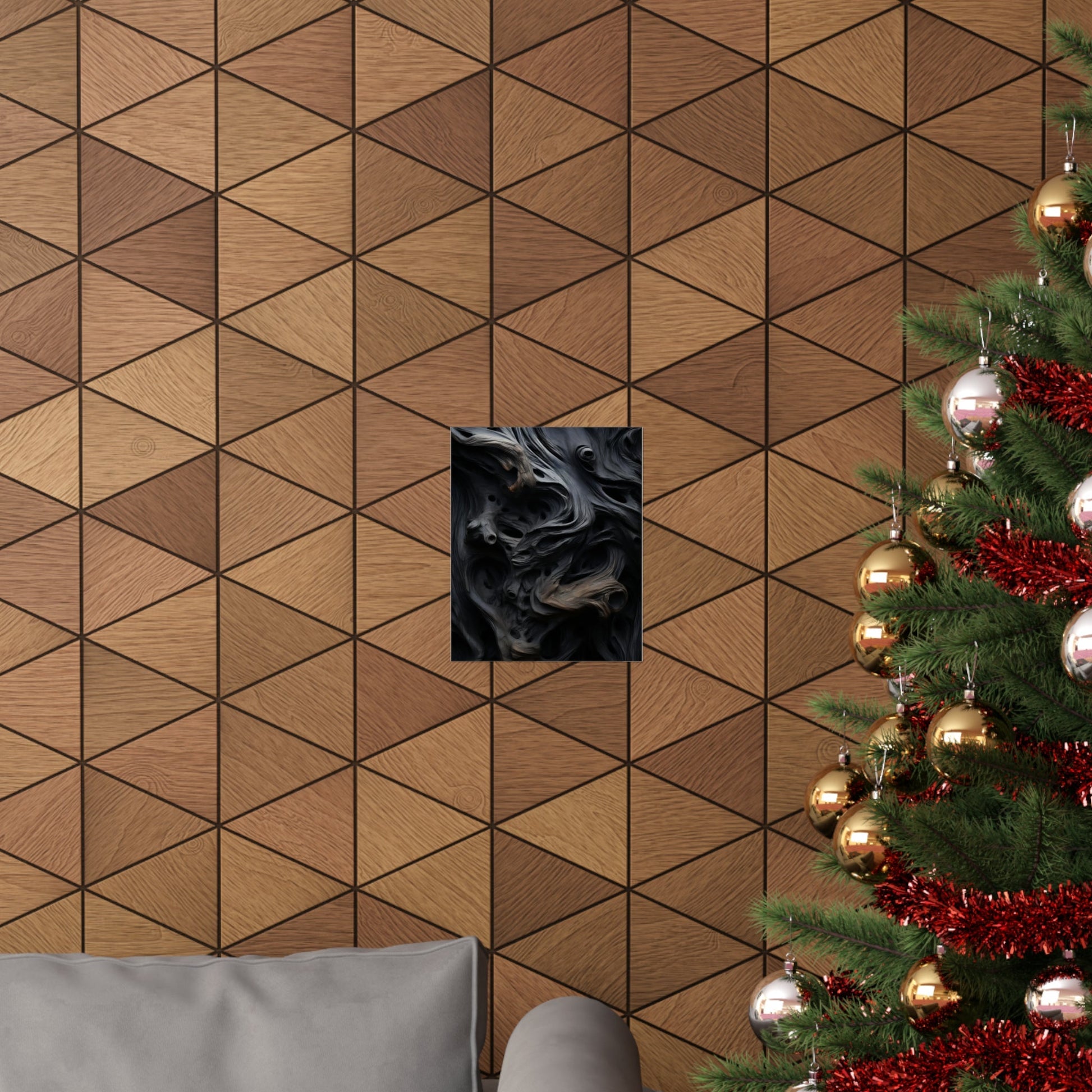 A christmas tree with a black cat in it