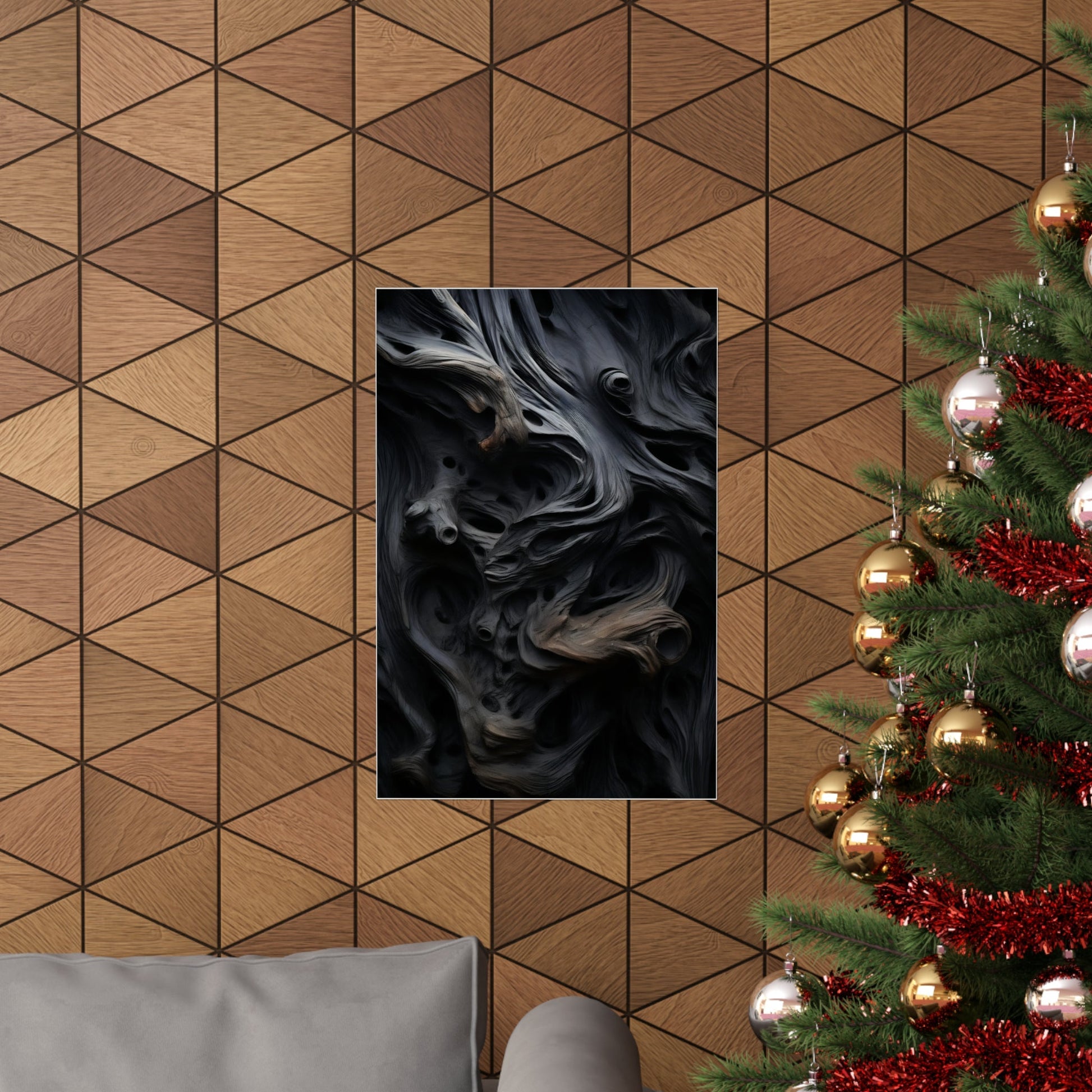 A christmas tree with a black and white pattern