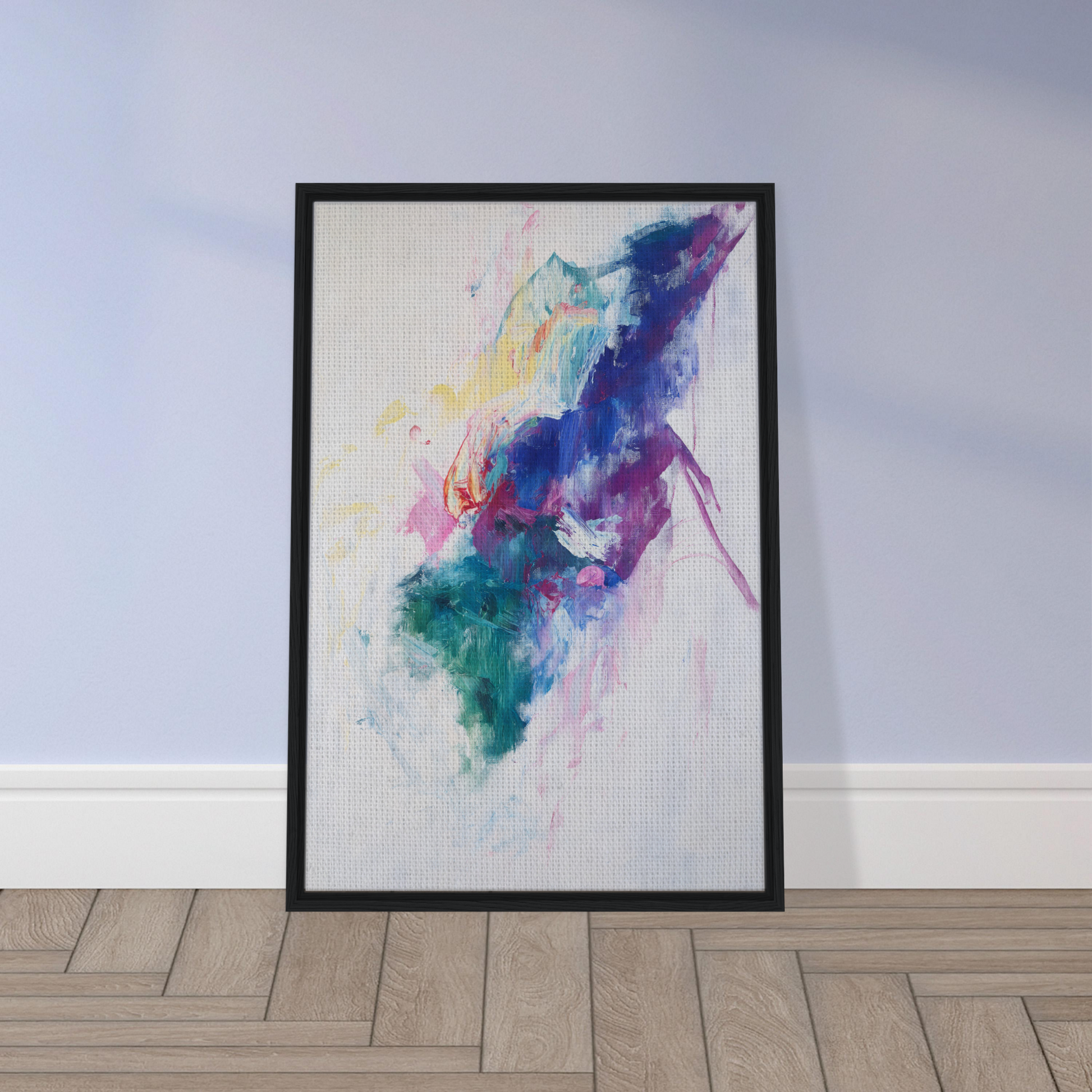 Framed canvas print of Chroma Winds Dance with vibrant blue, purple, green, and yellow