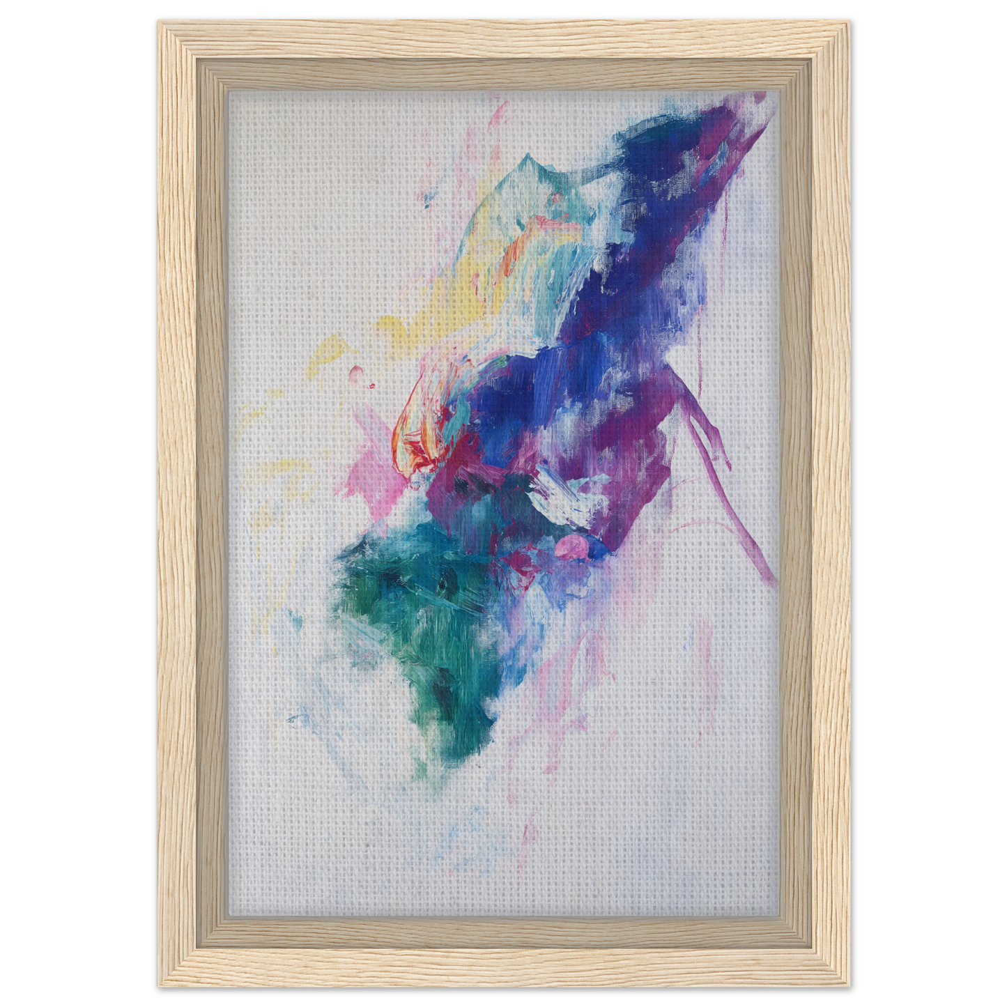 Abstract watercolor painting of vibrant blue, purple, and green in Chroma Winds Dance framed canvas print