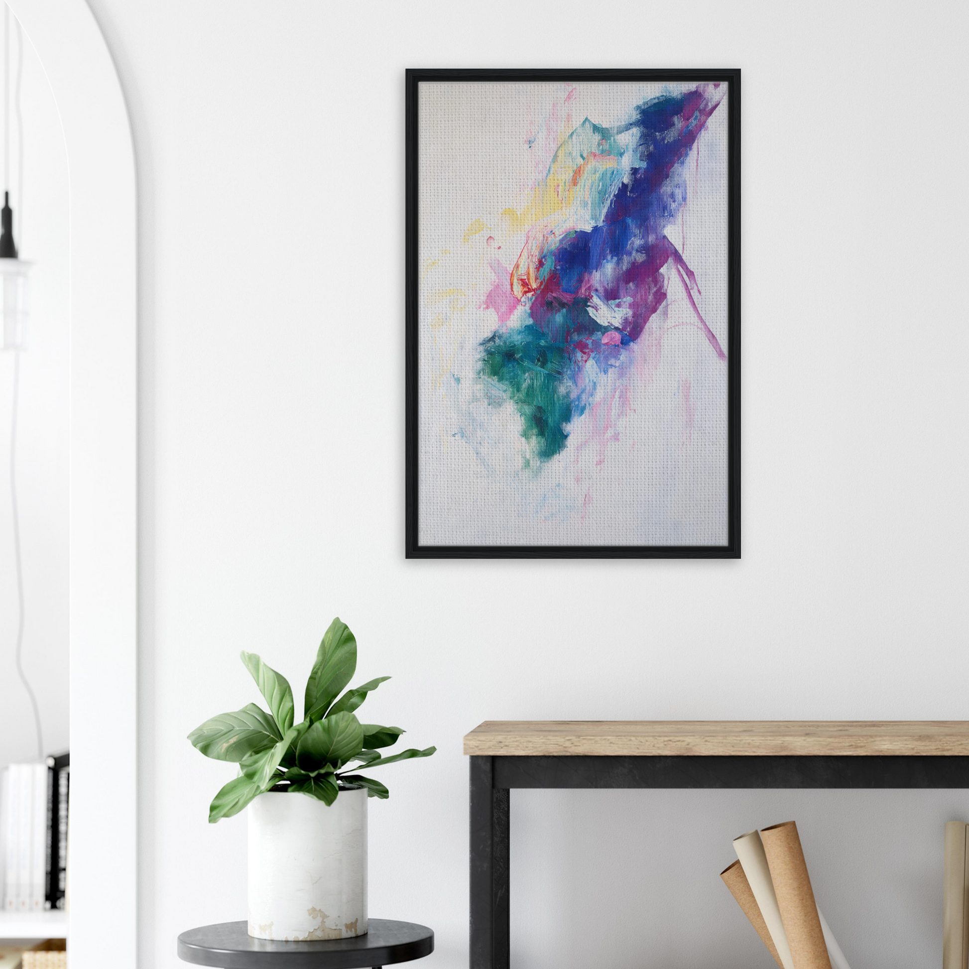 Framed watercolor painting ’Chroma Winds Dance’ featuring vibrant blue, purple, and green splashes for stylish room decor