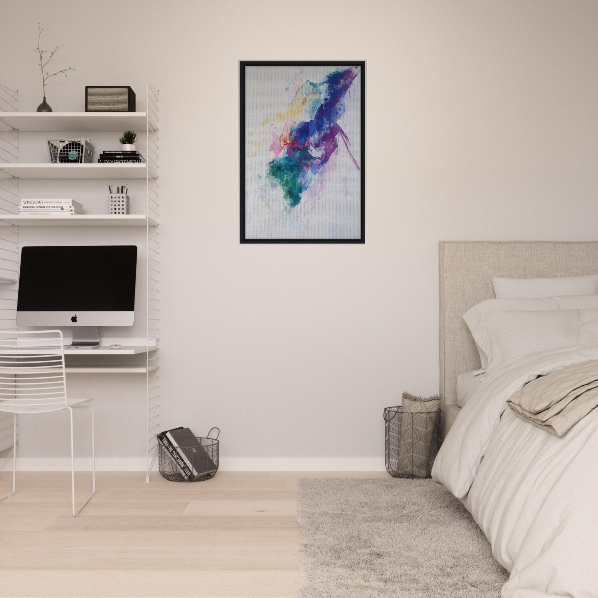 Colorful abstract painting ’Chroma Winds Dance’ in a black frame, perfect for your decor
