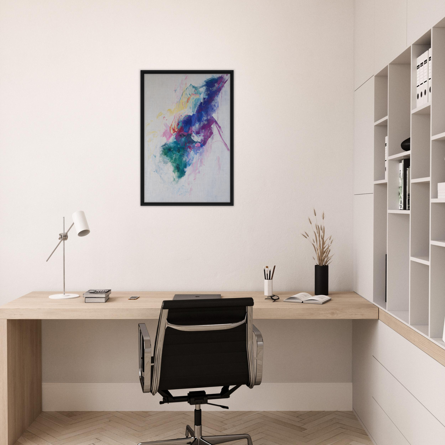 Minimalist home office featuring Chroma Winds Dance artwork, ideal for room decor