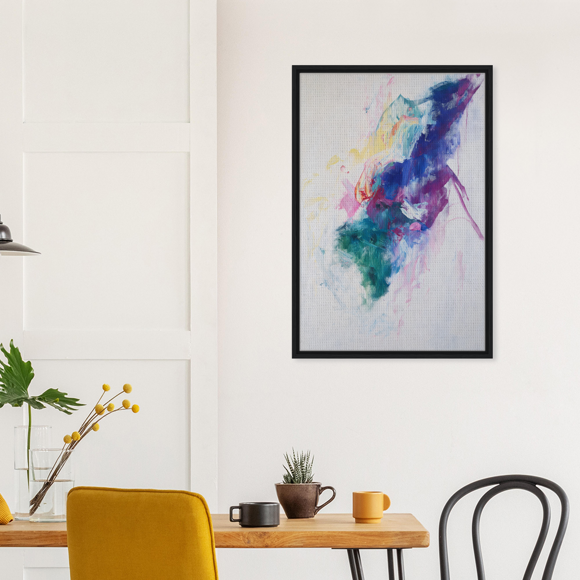 Framed canvas print of Chroma Winds Dance with vibrant watercolor splashes in a black frame