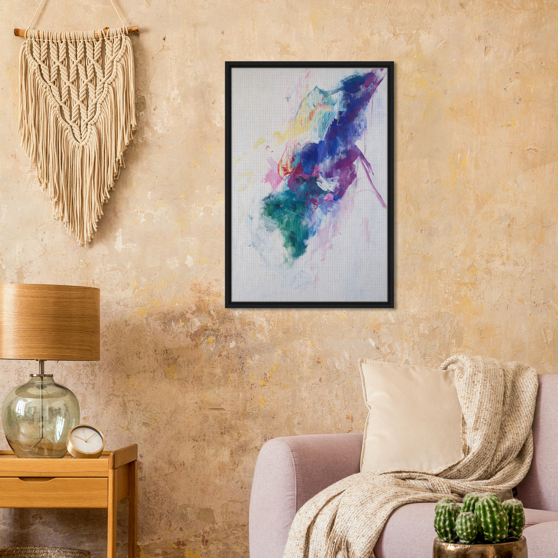 Framed canvas print of Chroma Winds Dance with vibrant blue, purple, and green hues