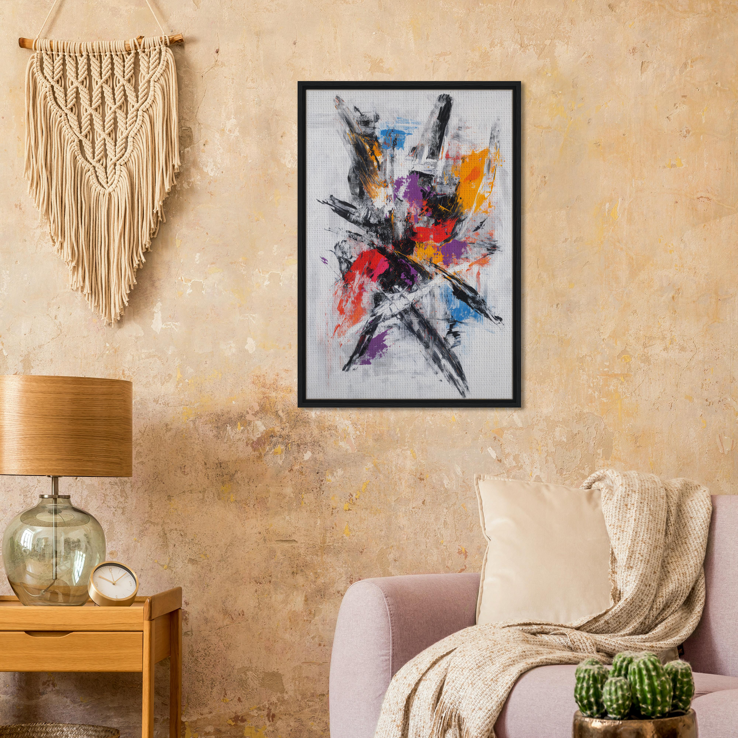 Colorful abstract painting in a black frame, Chromatic Chaos Ballet, on textured wall