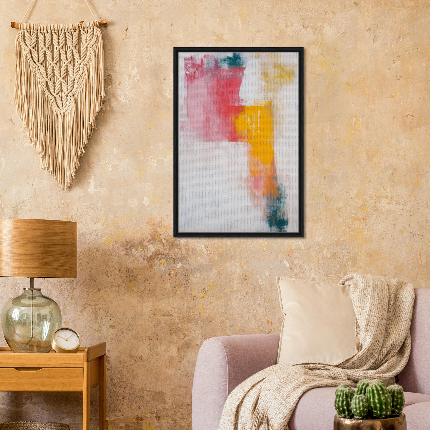 Framed canvas print of Chromatic Color Conflict with pink, yellow, and white brushstrokes