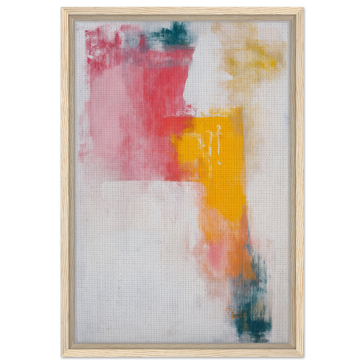 Abstract painting titled Chromatic Color Conflict in vibrant pink, yellow, and teal