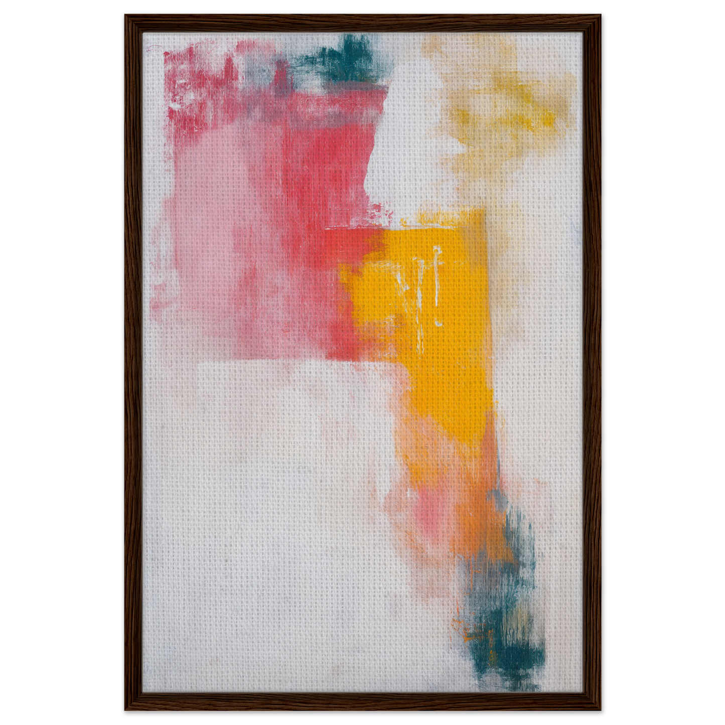 Vibrant pink, yellow, and teal brushstrokes in Chromatic Color Conflict framed canvas print