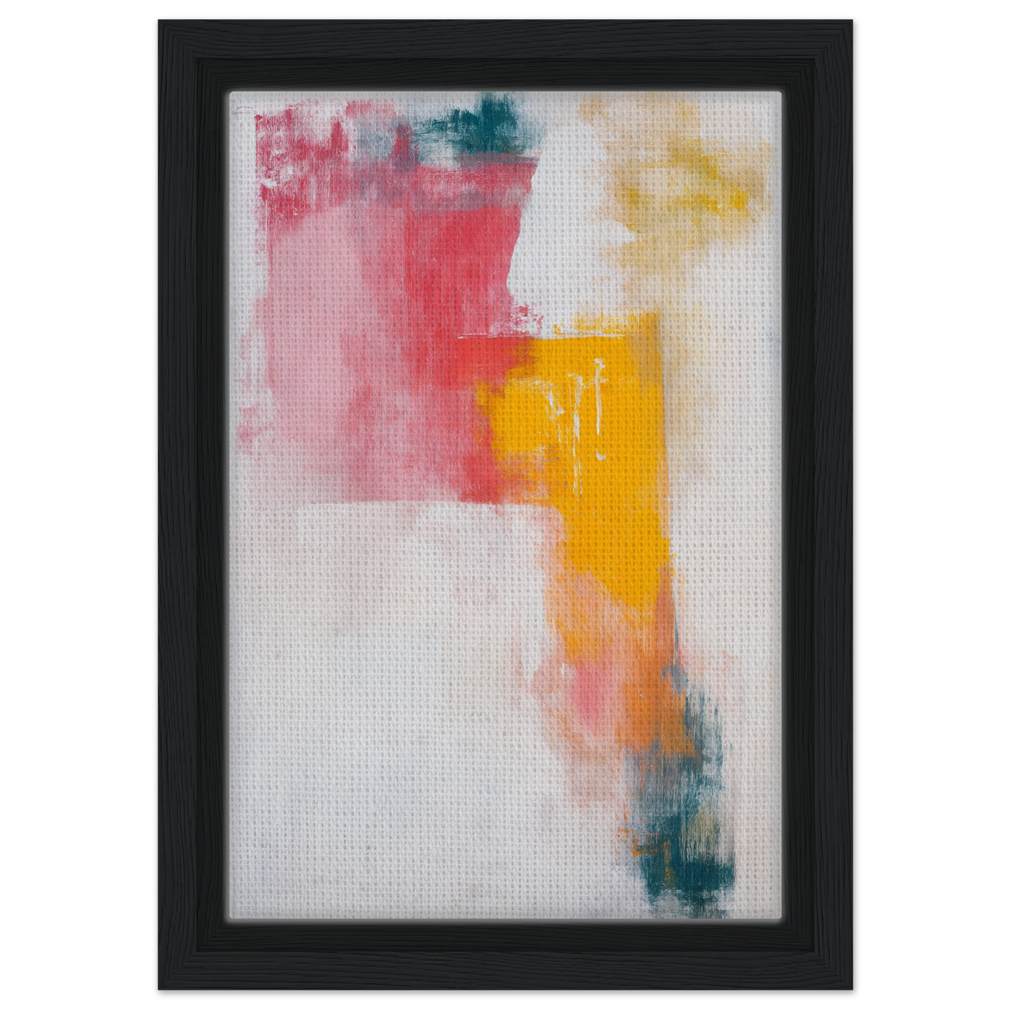 Abstract painting titled Chromatic Color Conflict with vibrant pink, yellow, and teal hues