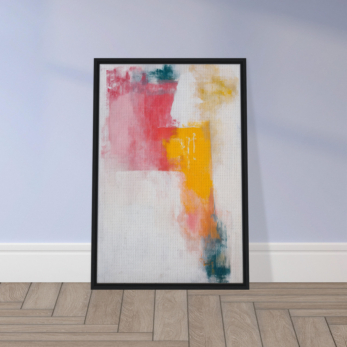 Abstract painting titled Chromatic Color Conflict in vibrant pink, yellow, and teal
