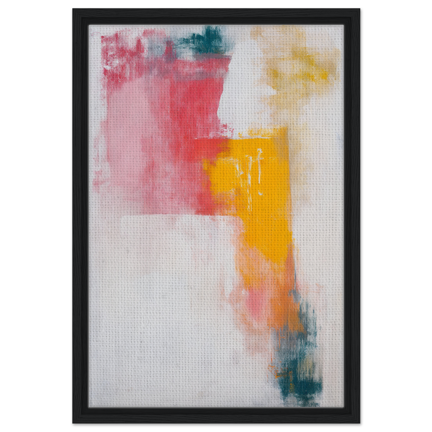 Abstract painting in pink, yellow, and teal for Chromatic Color Conflict framed canvas print